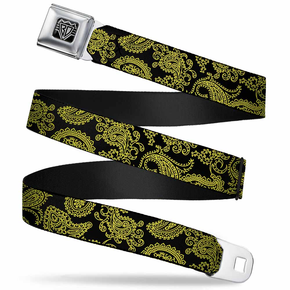 BD Wings Logo CLOSE-UP Full Color Black Silver Seatbelt Belt - Paisley Black/Neon Yellow Webbing Seatbelt Belts Buckle-Down