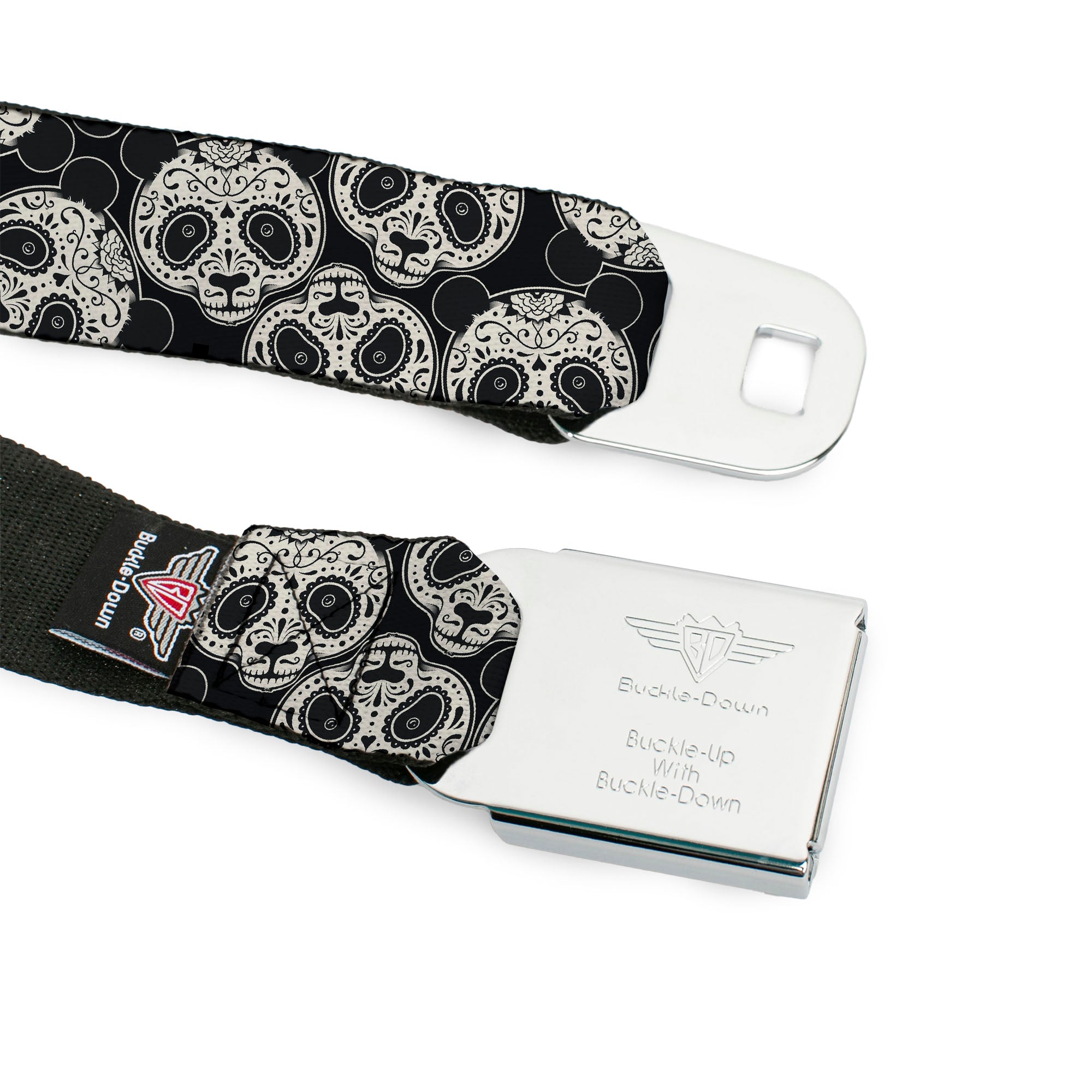 BD Wings Logo CLOSE-UP Full Color Black Silver Seatbelt Belt - Panda Bear Sugar Skull Scattered Black/Cream Webbing Seatbelt Belts Buckle-Down