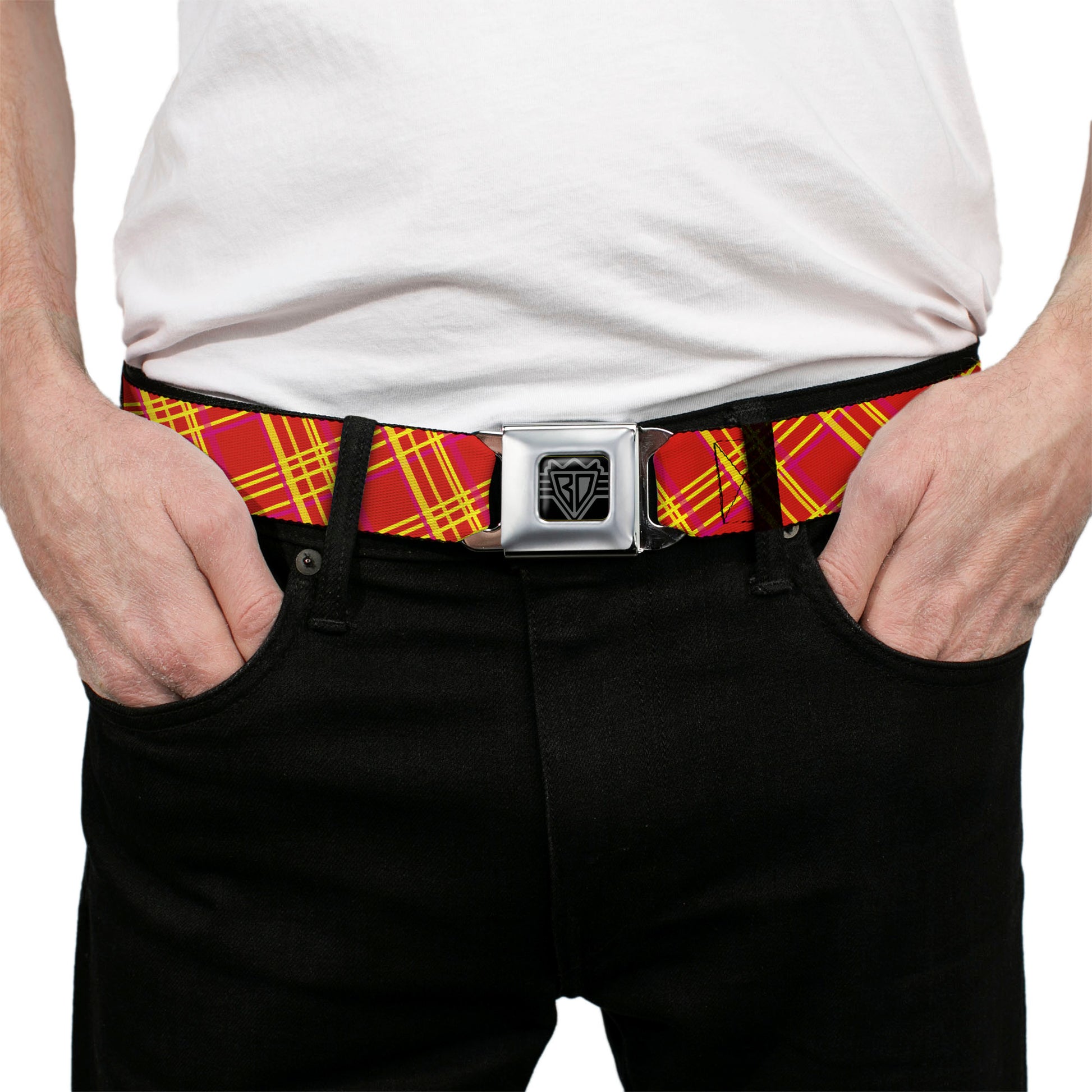 BD Wings Logo CLOSE-UP Full Color Black Silver Seatbelt Belt - Plaid X4 Fluorescent Oranges/Pinks/Yellow Webbing Seatbelt Belts Buckle-Down