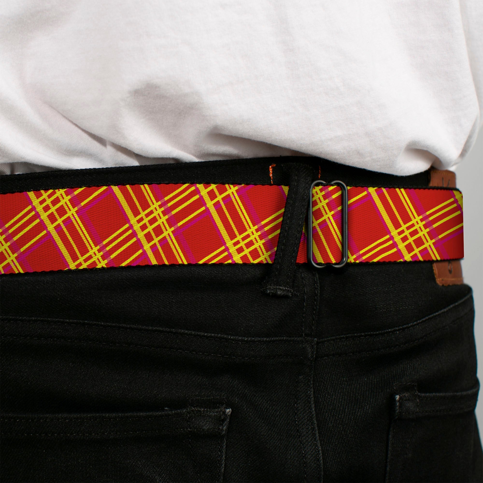 BD Wings Logo CLOSE-UP Full Color Black Silver Seatbelt Belt - Plaid X4 Fluorescent Oranges/Pinks/Yellow Webbing Seatbelt Belts Buckle-Down