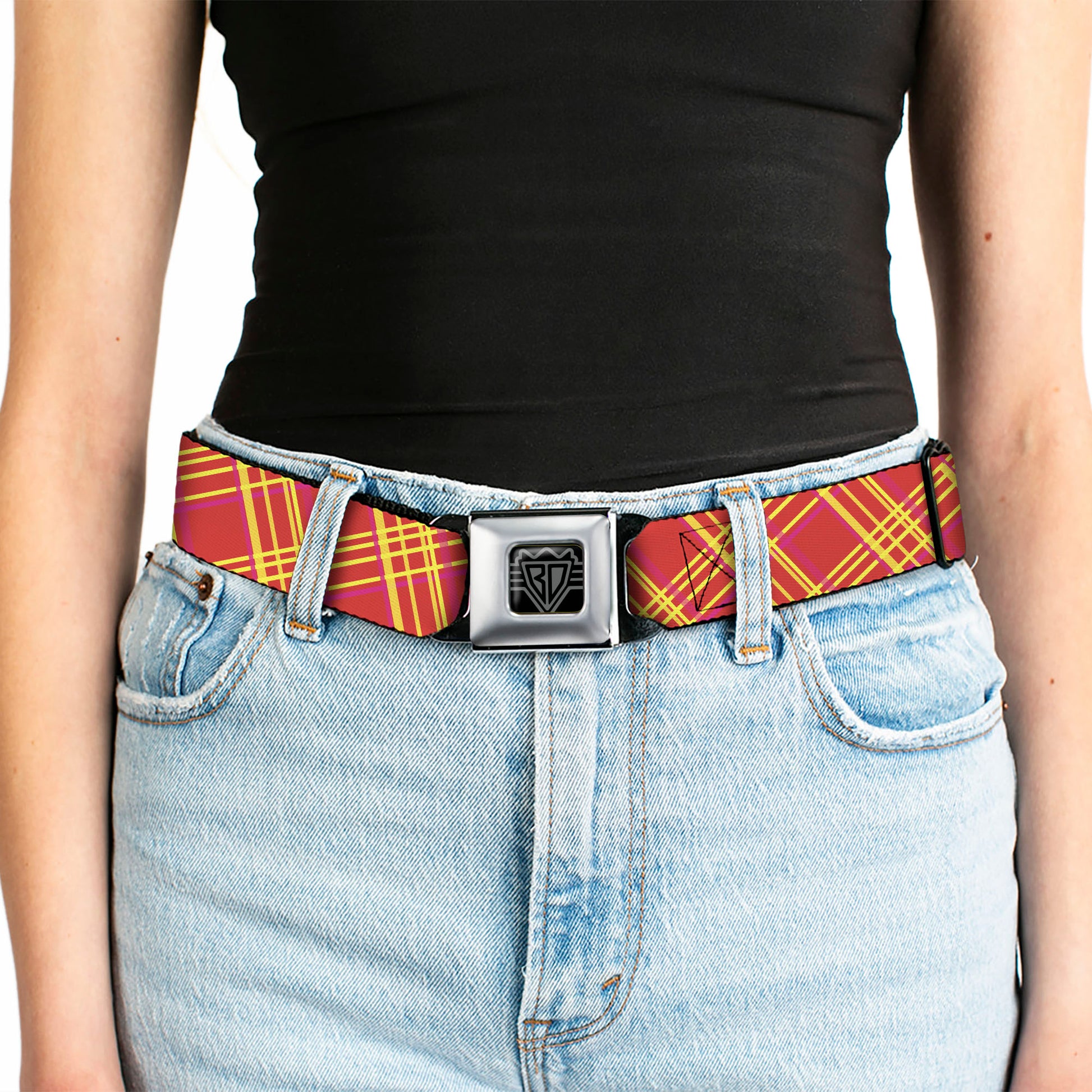 BD Wings Logo CLOSE-UP Full Color Black Silver Seatbelt Belt - Plaid X4 Fluorescent Oranges/Pinks/Yellow Webbing Seatbelt Belts Buckle-Down