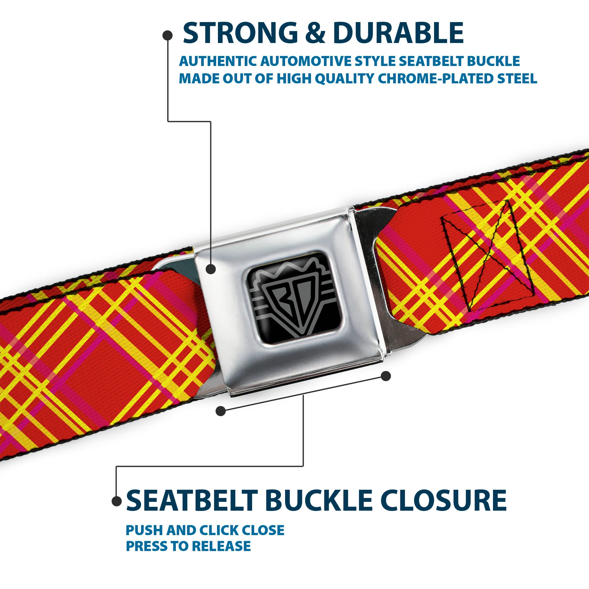 BD Wings Logo CLOSE-UP Full Color Black Silver Seatbelt Belt - Plaid X4 Fluorescent Oranges/Pinks/Yellow Webbing Seatbelt Belts Buckle-Down