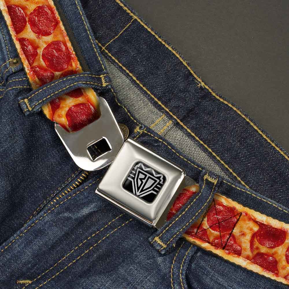 BD Wings Logo CLOSE-UP Full Color Black Silver Seatbelt Belt - Pepperoni Pizza w/Crust Vivid Webbing Seatbelt Belts Buckle-Down