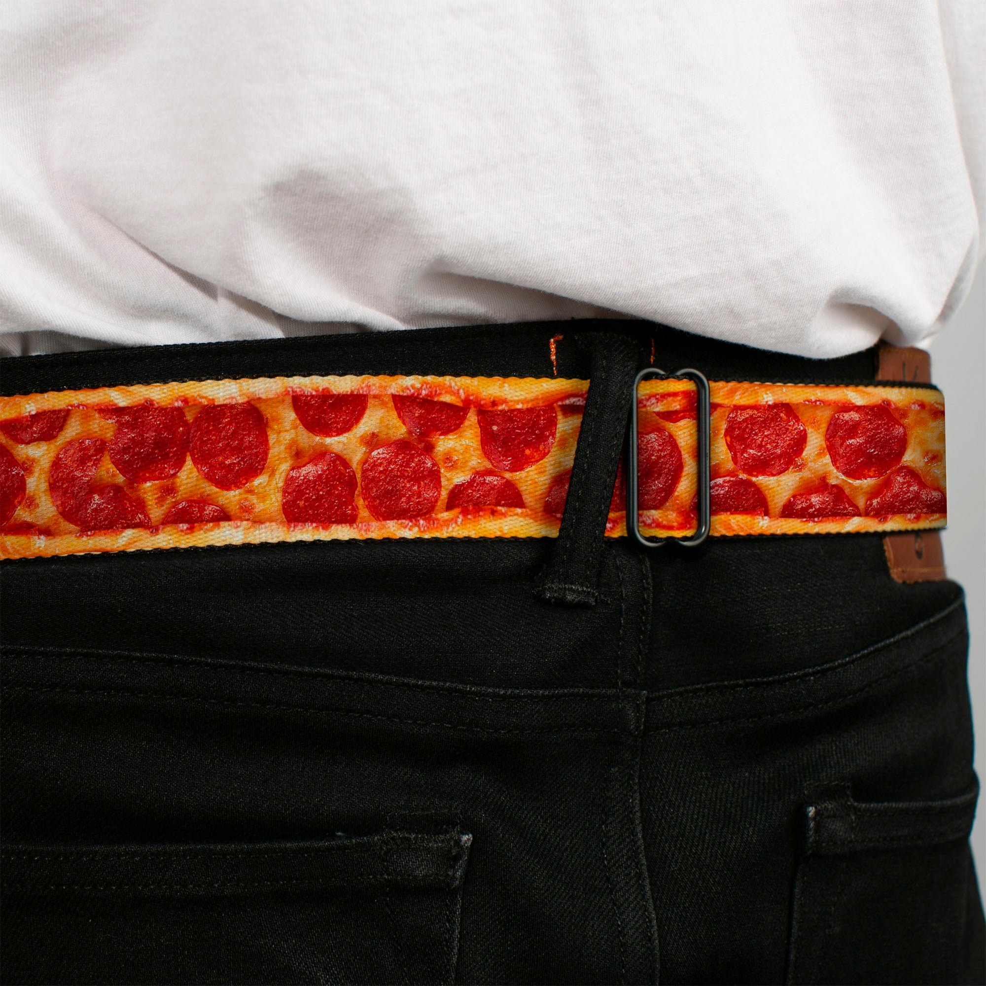 BD Wings Logo CLOSE-UP Full Color Black Silver Seatbelt Belt - Pepperoni Pizza w/Crust Vivid Webbing Seatbelt Belts Buckle-Down
