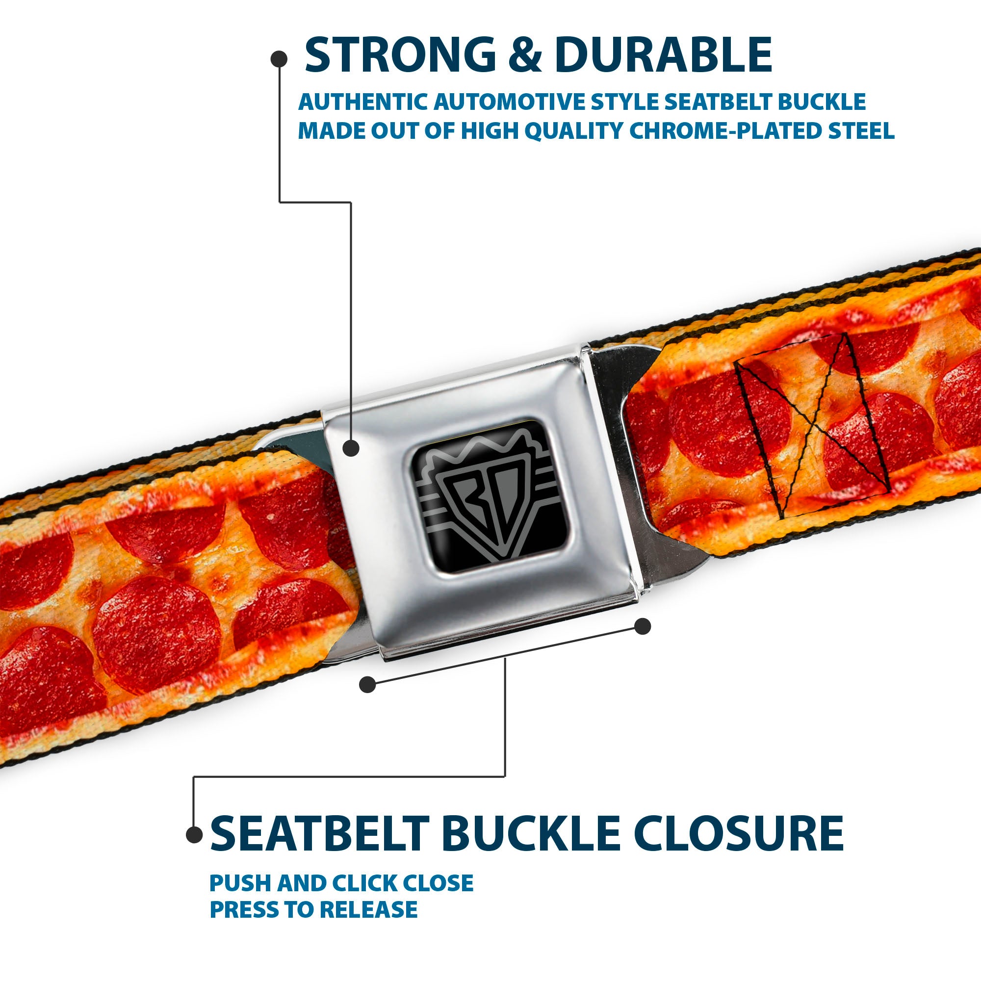 BD Wings Logo CLOSE-UP Full Color Black Silver Seatbelt Belt - Pepperoni Pizza w/Crust Vivid Webbing Seatbelt Belts Buckle-Down