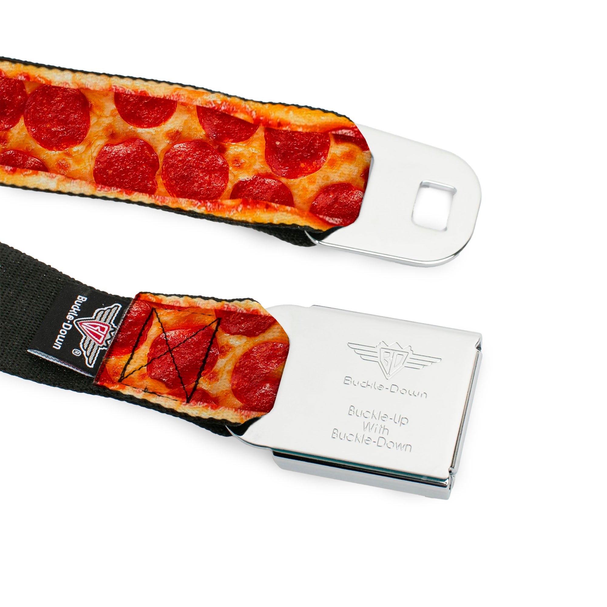 BD Wings Logo CLOSE-UP Full Color Black Silver Seatbelt Belt - Pepperoni Pizza w/Crust Vivid Webbing Seatbelt Belts Buckle-Down