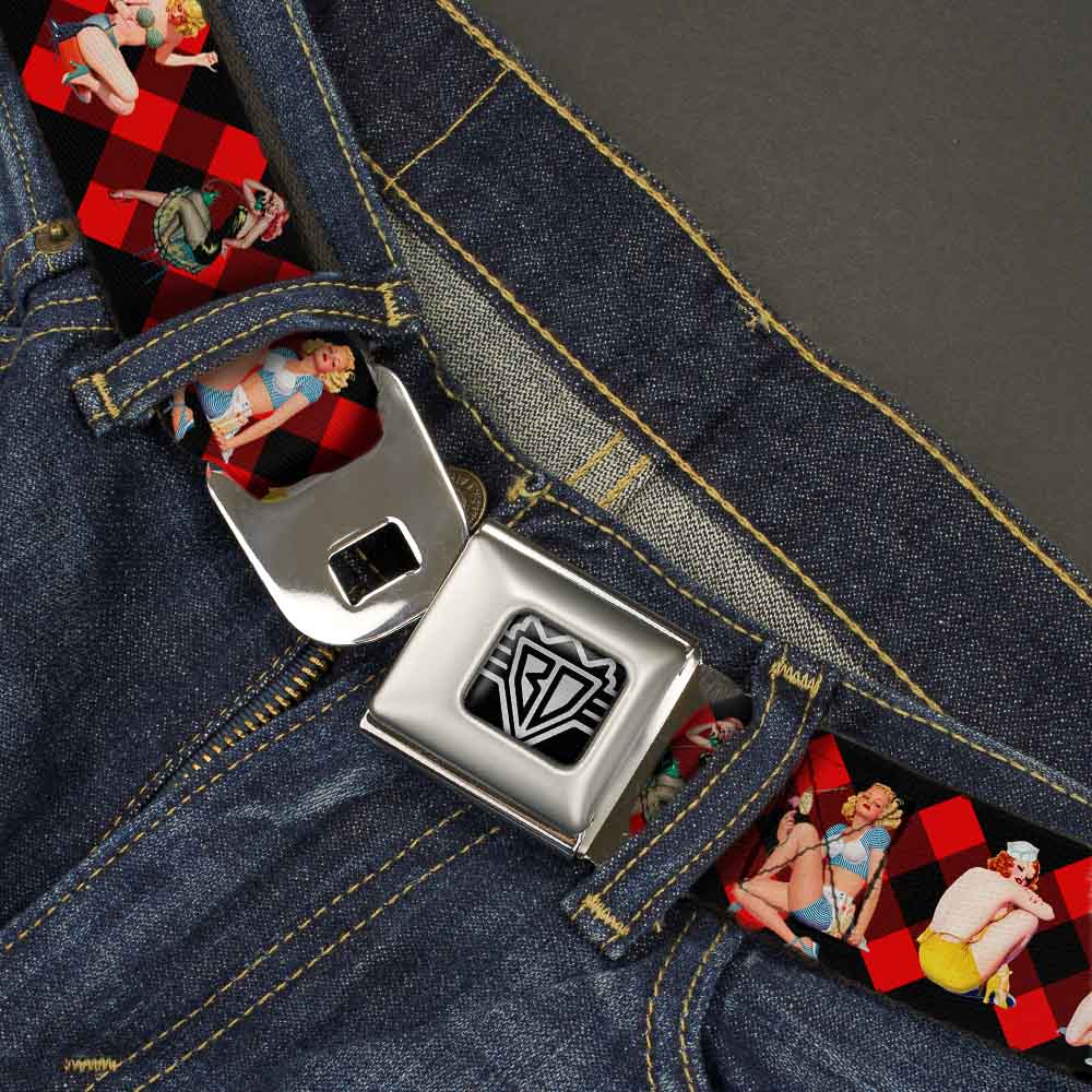 BD Wings Logo CLOSE-UP Full Color Black Silver Seatbelt Belt - Pin Up Girl Poses Buffalo Plaid Blocks Black/Red Webbing Seatbelt Belts Buckle-Down