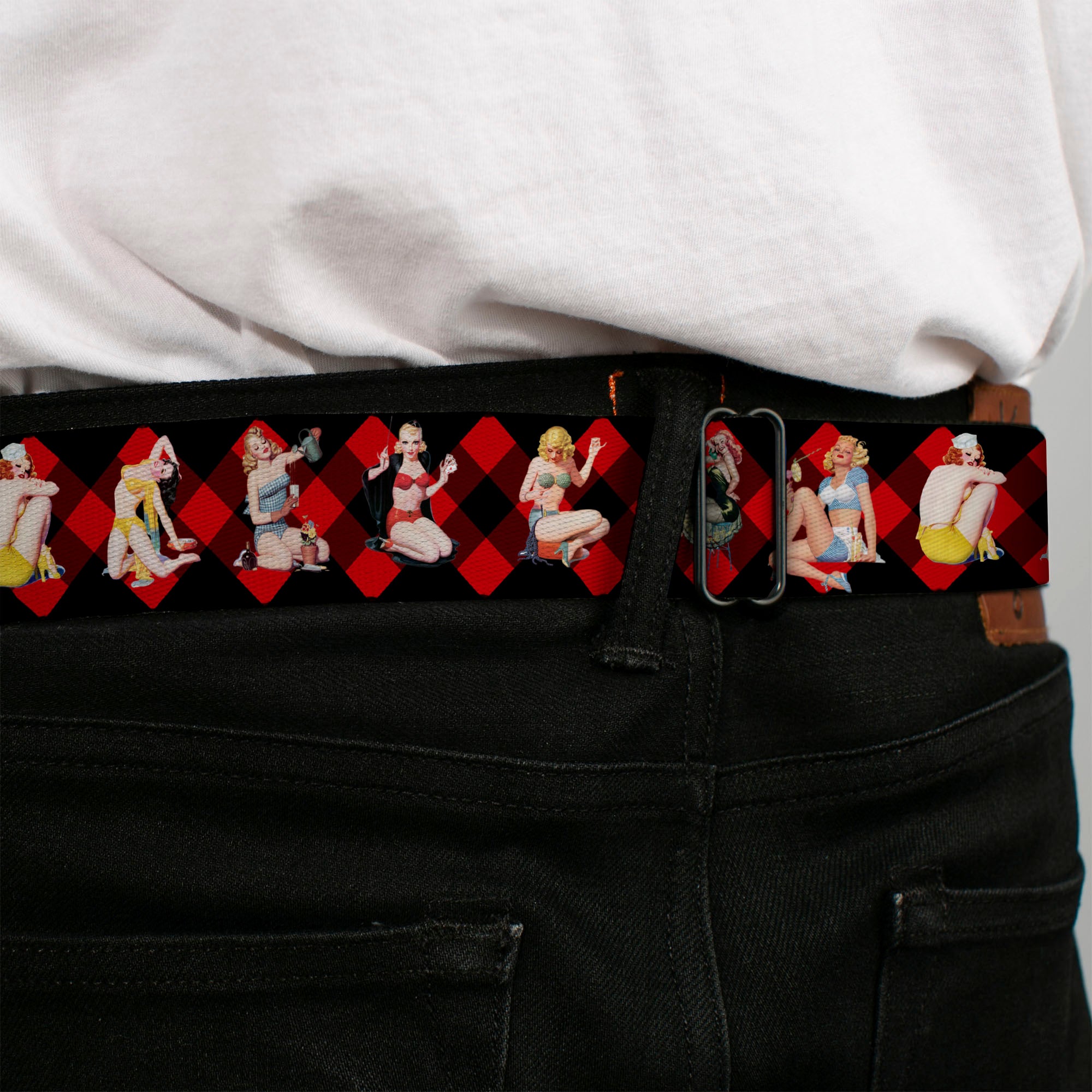 BD Wings Logo CLOSE-UP Full Color Black Silver Seatbelt Belt - Pin Up Girl Poses Buffalo Plaid Blocks Black/Red Webbing Seatbelt Belts Buckle-Down