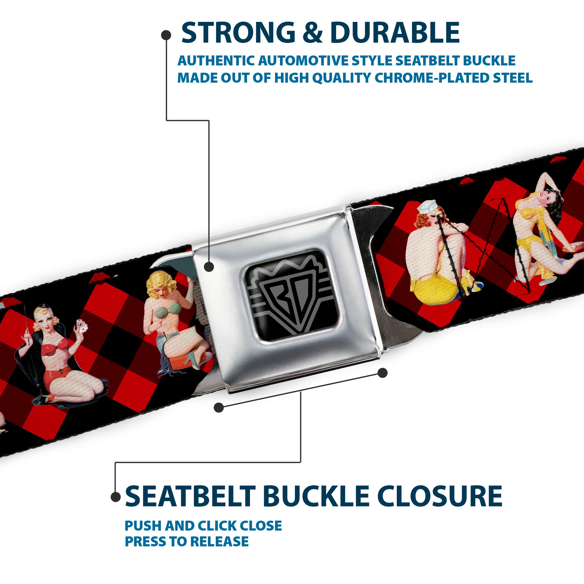 BD Wings Logo CLOSE-UP Full Color Black Silver Seatbelt Belt - Pin Up Girl Poses Buffalo Plaid Blocks Black/Red Webbing Seatbelt Belts Buckle-Down