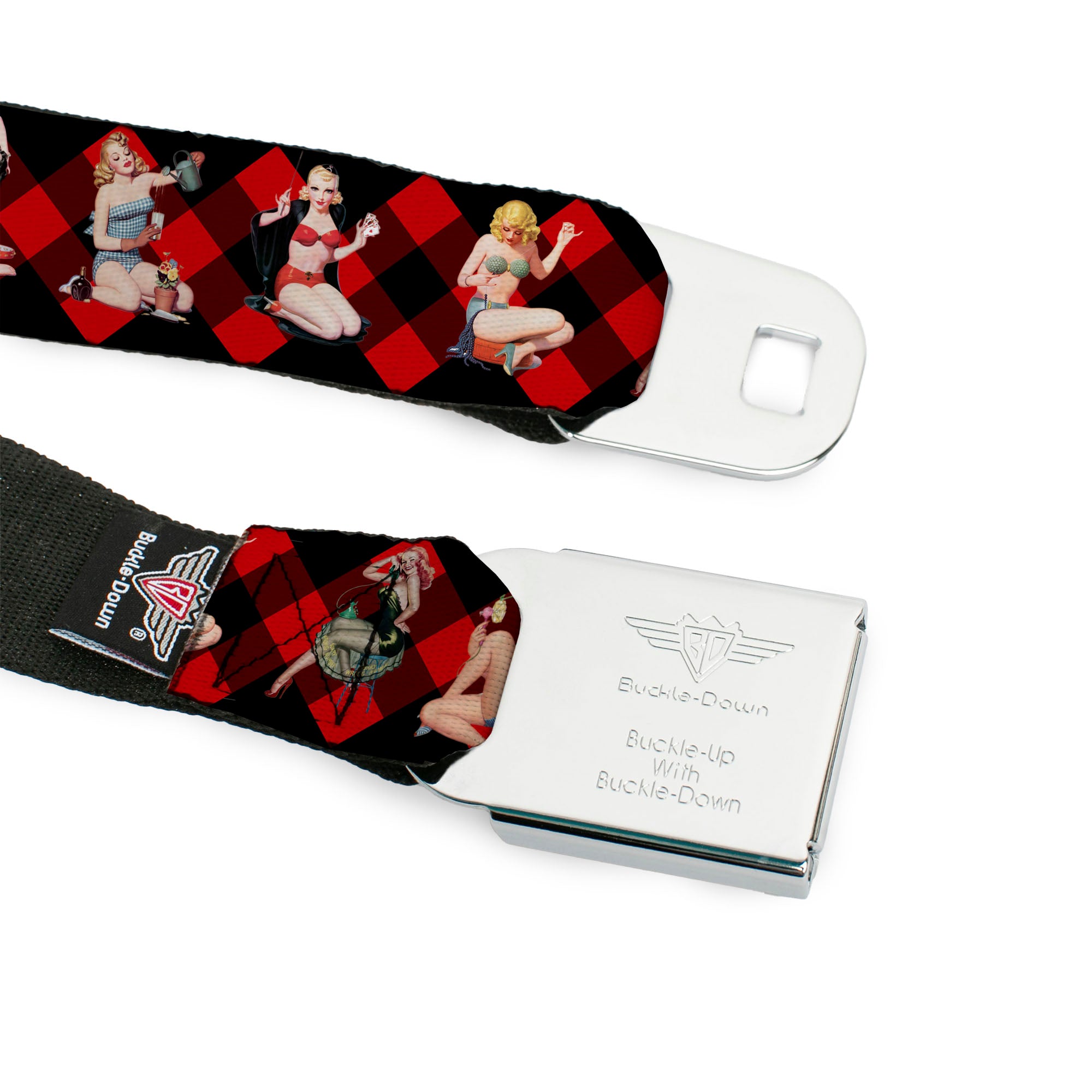 BD Wings Logo CLOSE-UP Full Color Black Silver Seatbelt Belt - Pin Up Girl Poses Buffalo Plaid Blocks Black/Red Webbing Seatbelt Belts Buckle-Down