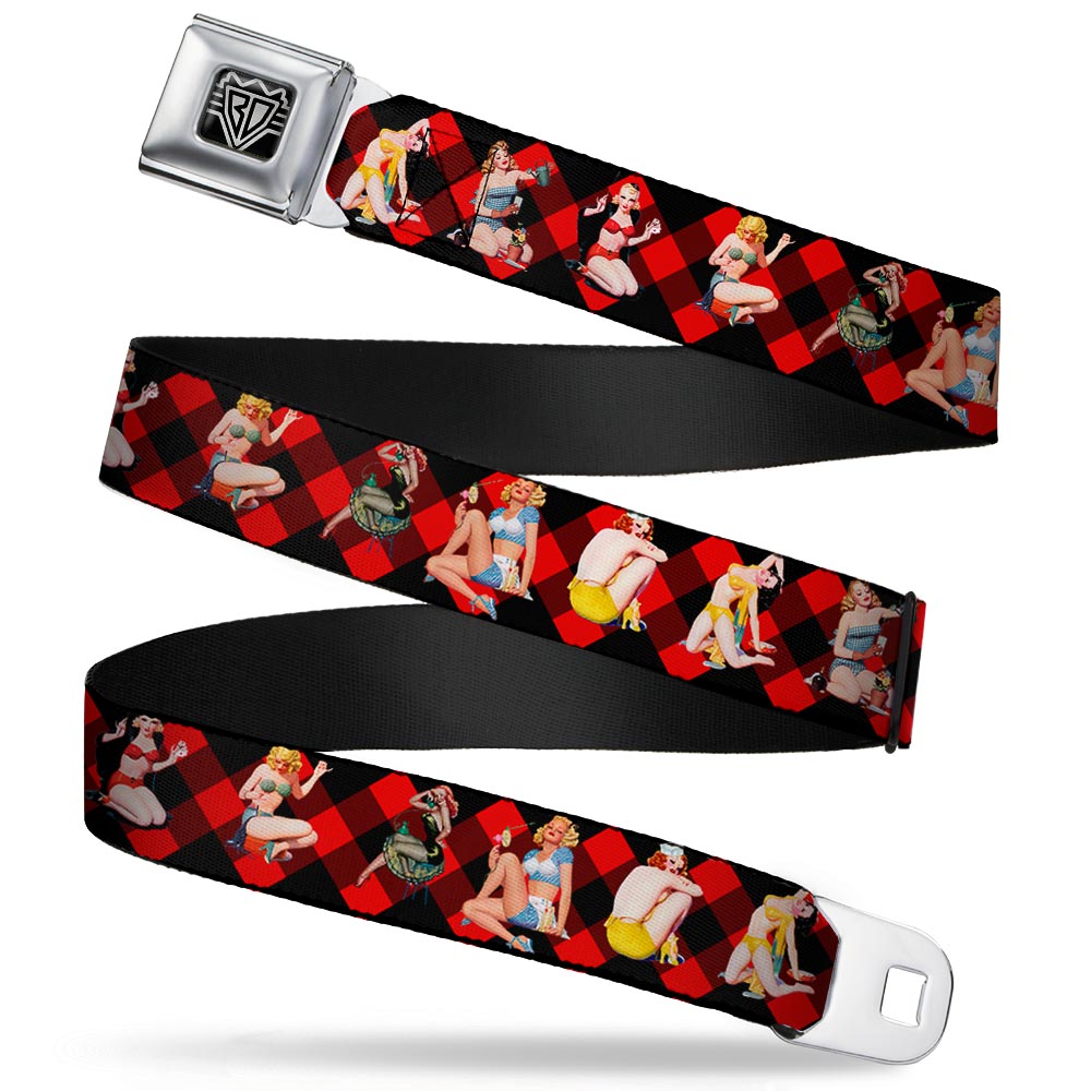 BD Wings Logo CLOSE-UP Full Color Black Silver Seatbelt Belt - Pin Up Girl Poses Buffalo Plaid Blocks Black/Red Webbing Seatbelt Belts Buckle-Down