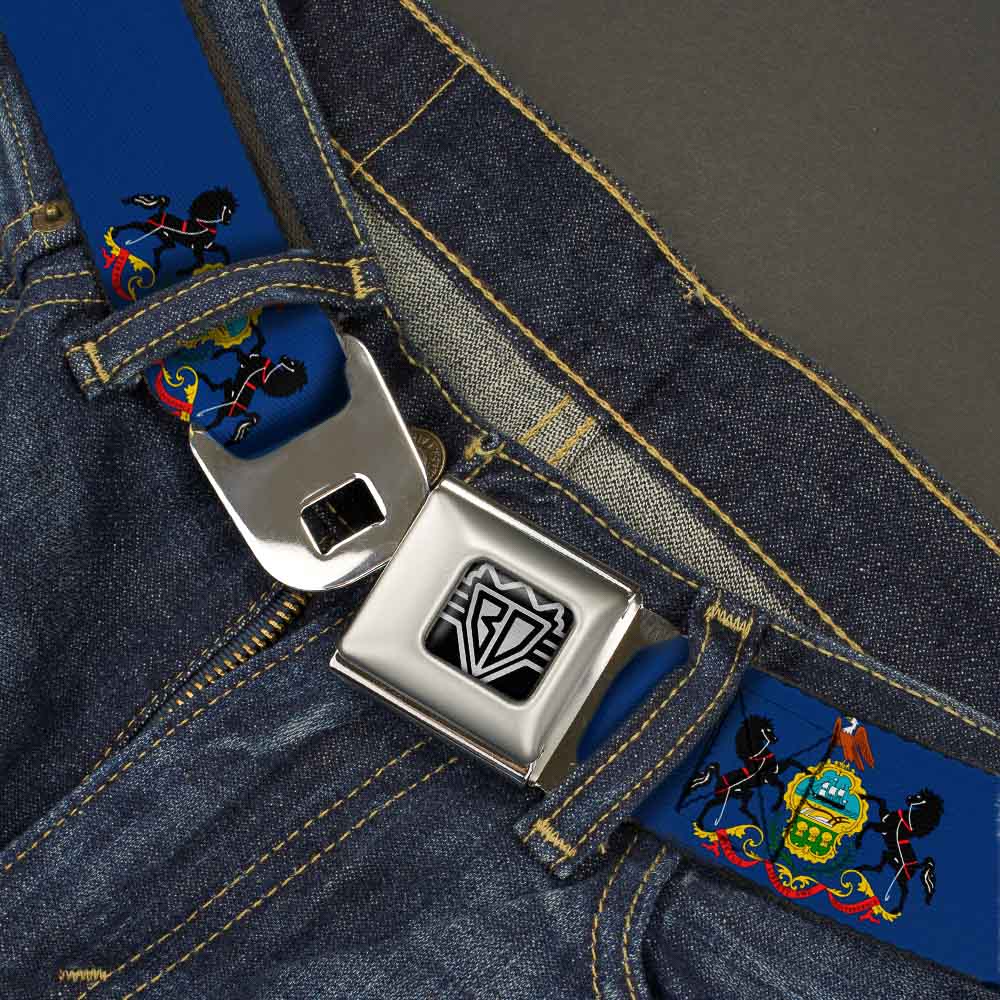 BD Wings Logo CLOSE-UP Full Color Black Silver Seatbelt Belt - Pennsylvania Flag Webbing Seatbelt Belts Buckle-Down