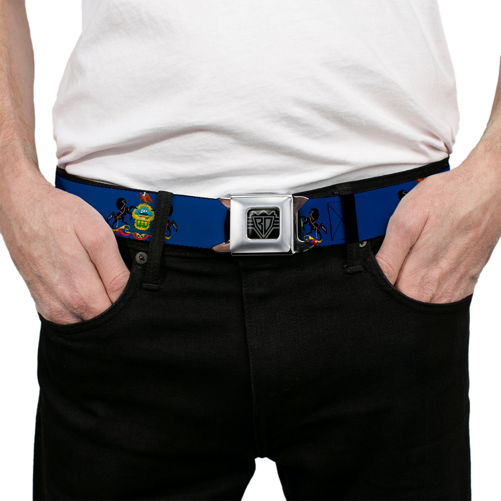 BD Wings Logo CLOSE-UP Full Color Black Silver Seatbelt Belt - Pennsylvania Flag Webbing Seatbelt Belts Buckle-Down