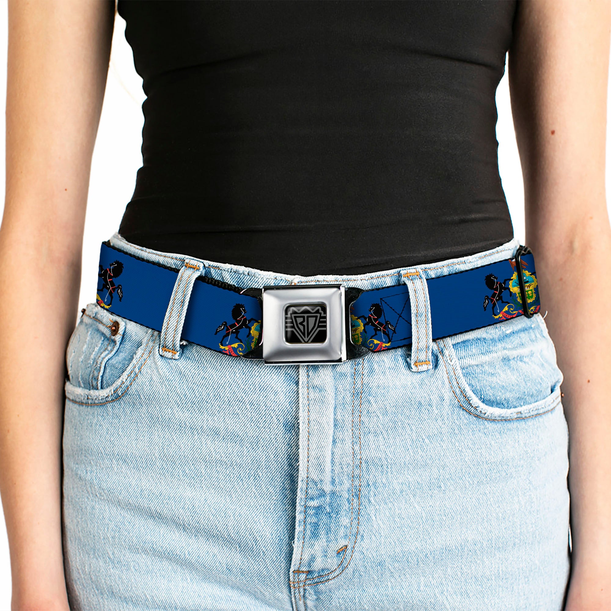 BD Wings Logo CLOSE-UP Full Color Black Silver Seatbelt Belt - Pennsylvania Flag Webbing Seatbelt Belts Buckle-Down