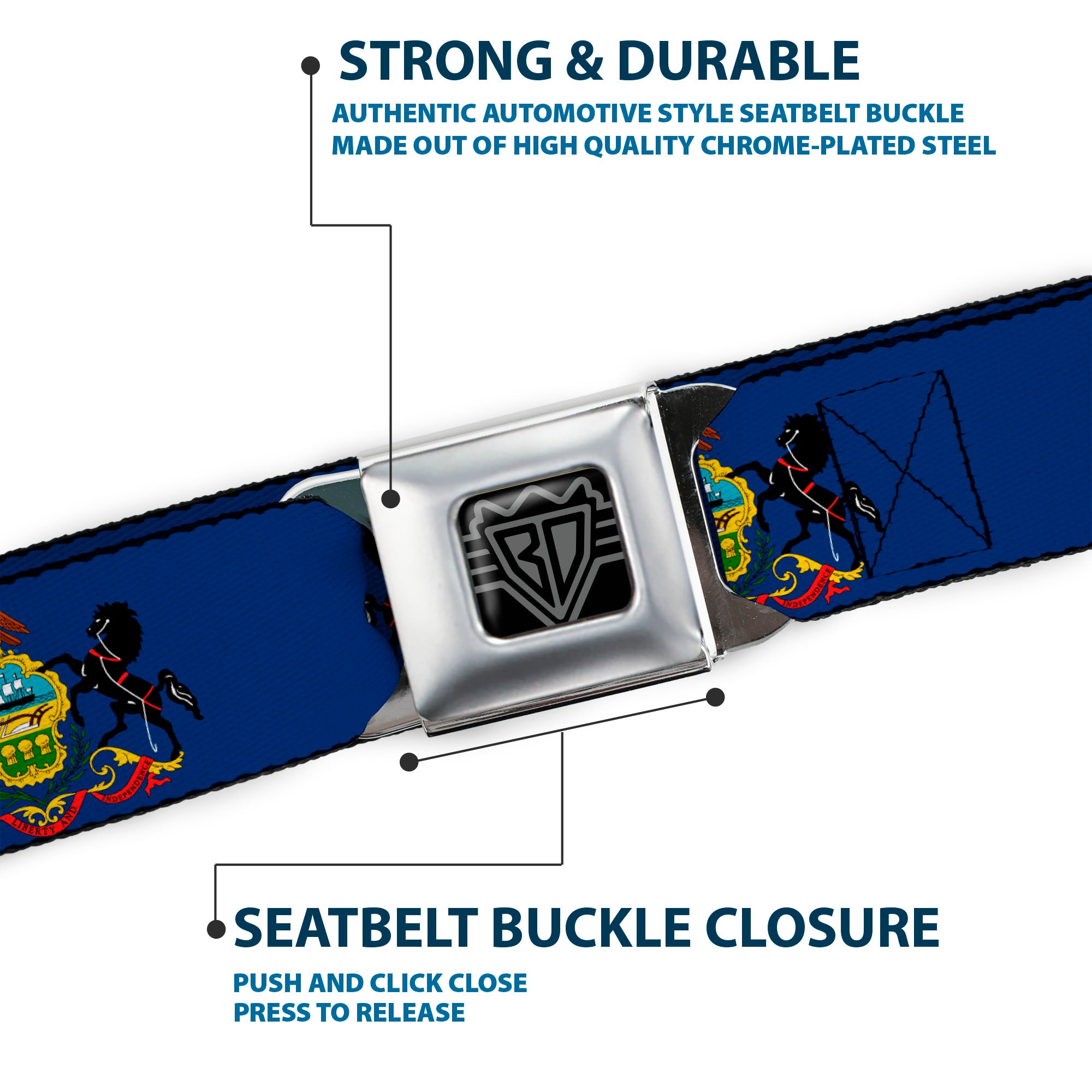 BD Wings Logo CLOSE-UP Full Color Black Silver Seatbelt Belt - Pennsylvania Flag Webbing Seatbelt Belts Buckle-Down