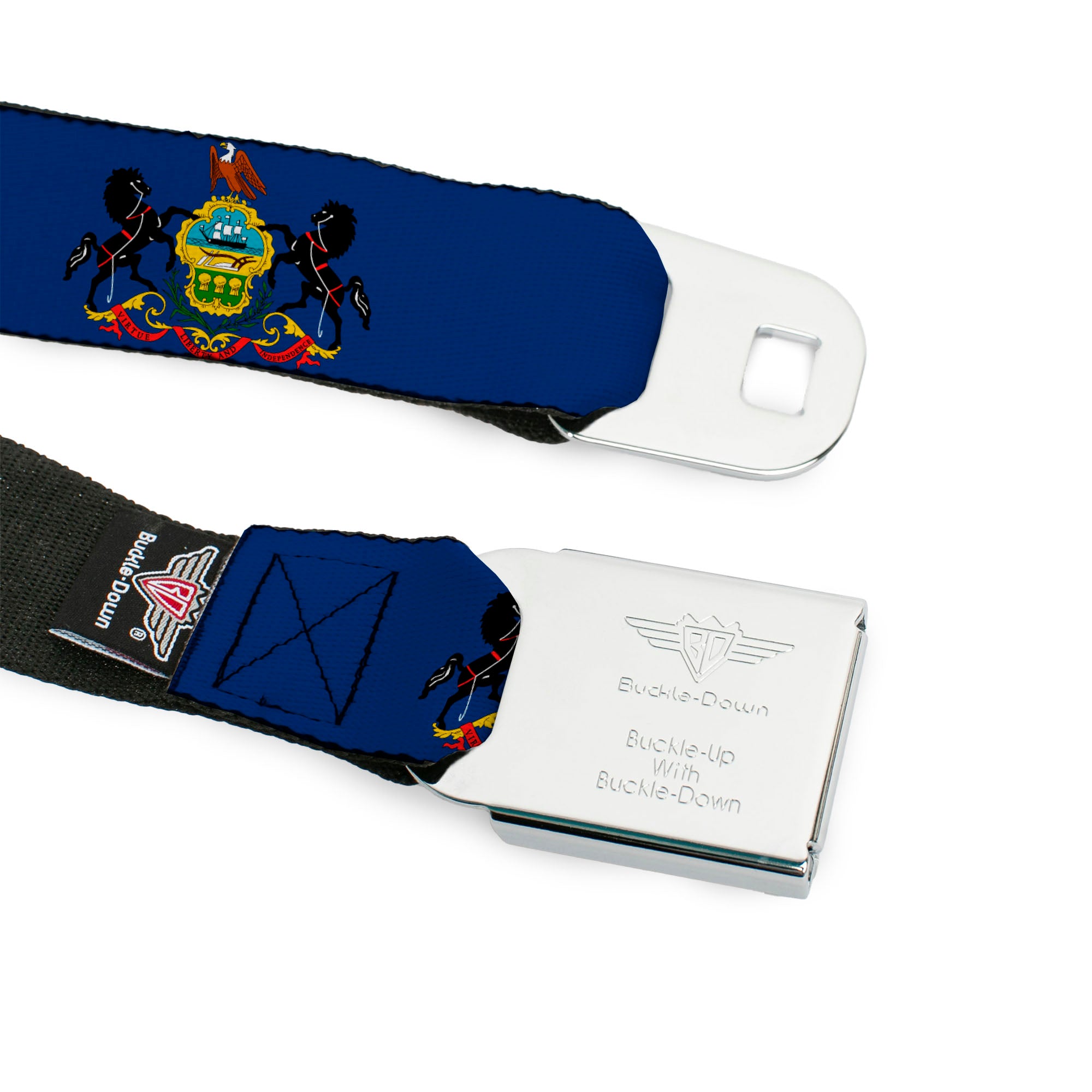 BD Wings Logo CLOSE-UP Full Color Black Silver Seatbelt Belt - Pennsylvania Flag Webbing Seatbelt Belts Buckle-Down