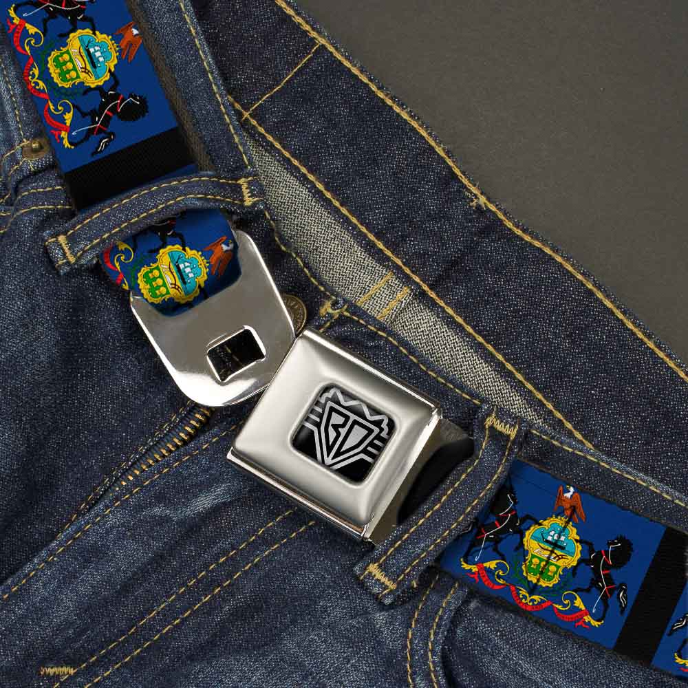 BD Wings Logo CLOSE-UP Full Color Black Silver Seatbelt Belt - Pennsylvania Flags/Black Webbing Seatbelt Belts Buckle-Down