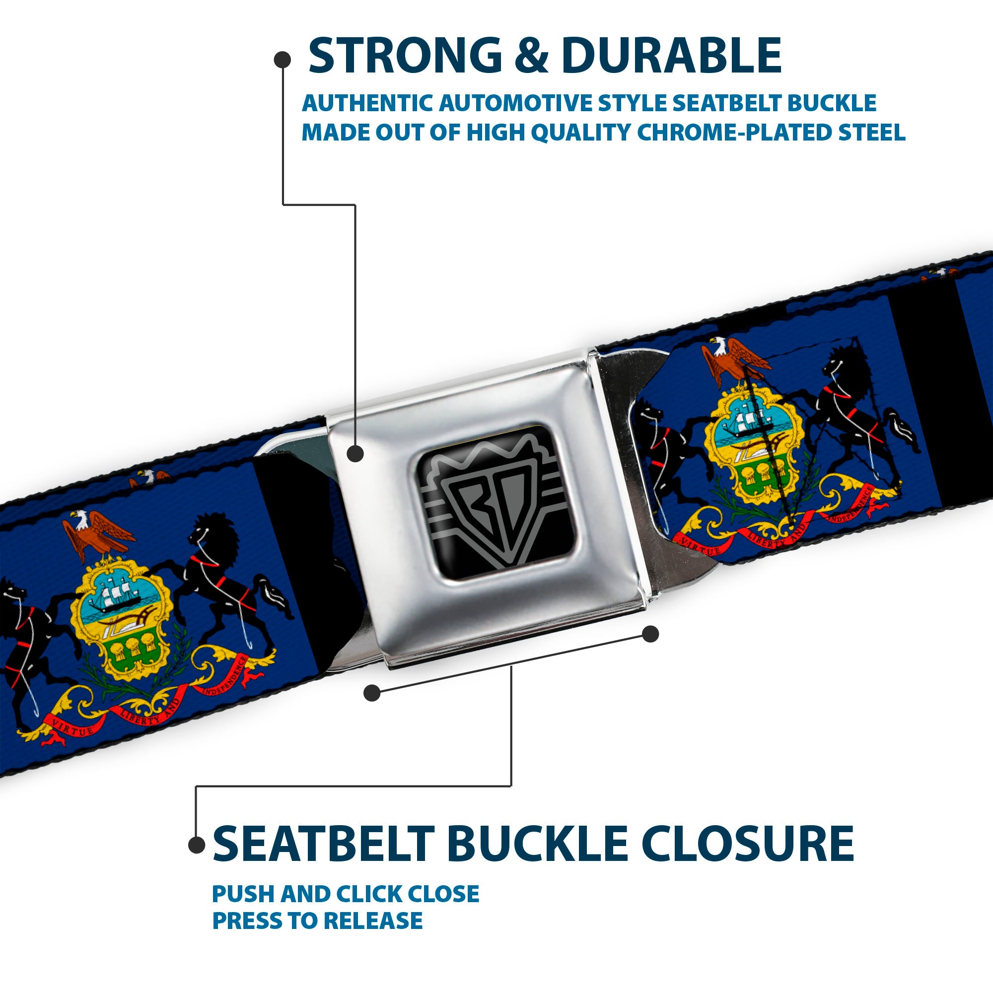 BD Wings Logo CLOSE-UP Full Color Black Silver Seatbelt Belt - Pennsylvania Flags/Black Webbing Seatbelt Belts Buckle-Down