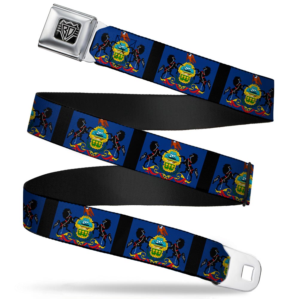 BD Wings Logo CLOSE-UP Full Color Black Silver Seatbelt Belt - Pennsylvania Flags/Black Webbing Seatbelt Belts Buckle-Down
