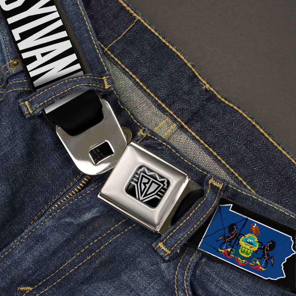 BD Wings Logo CLOSE-UP Full Color Black Silver Seatbelt Belt - Pennsylvania Flag Silhouette WELCOME TO PENNSYLVANIA Webbing Seatbelt Belts Buckle-Down