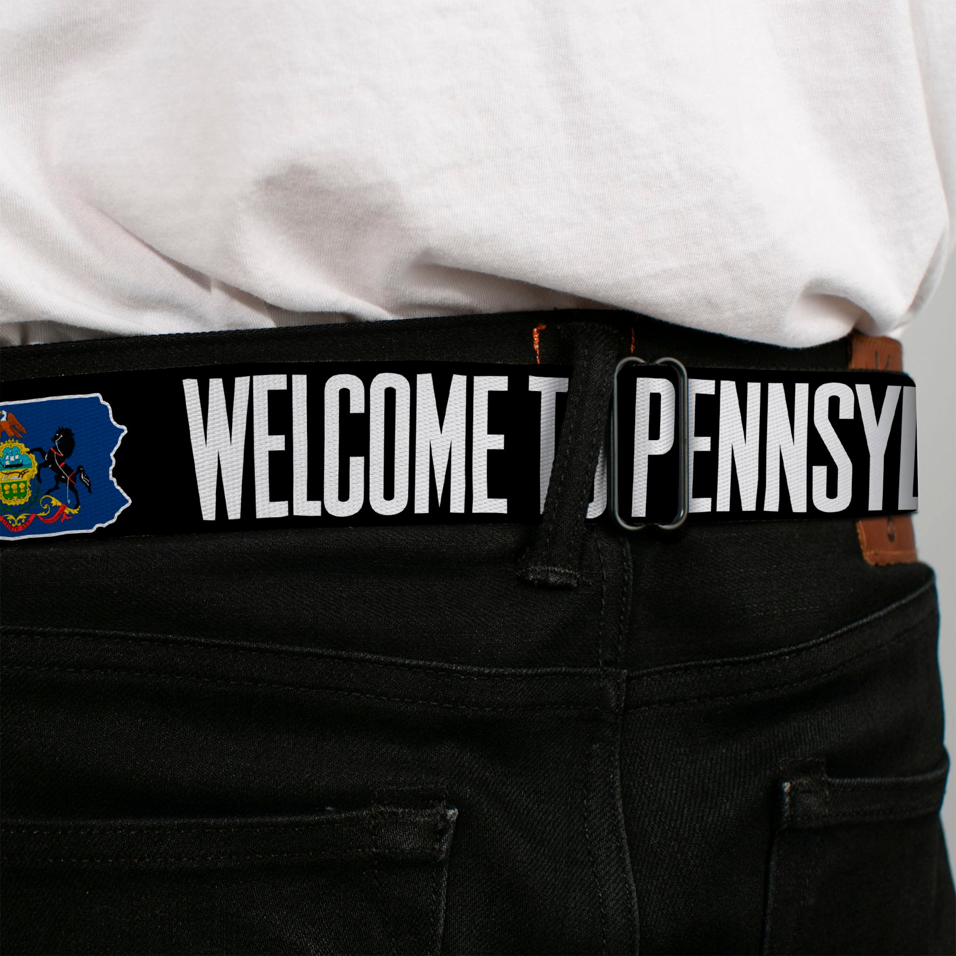 BD Wings Logo CLOSE-UP Full Color Black Silver Seatbelt Belt - Pennsylvania Flag Silhouette WELCOME TO PENNSYLVANIA Webbing Seatbelt Belts Buckle-Down