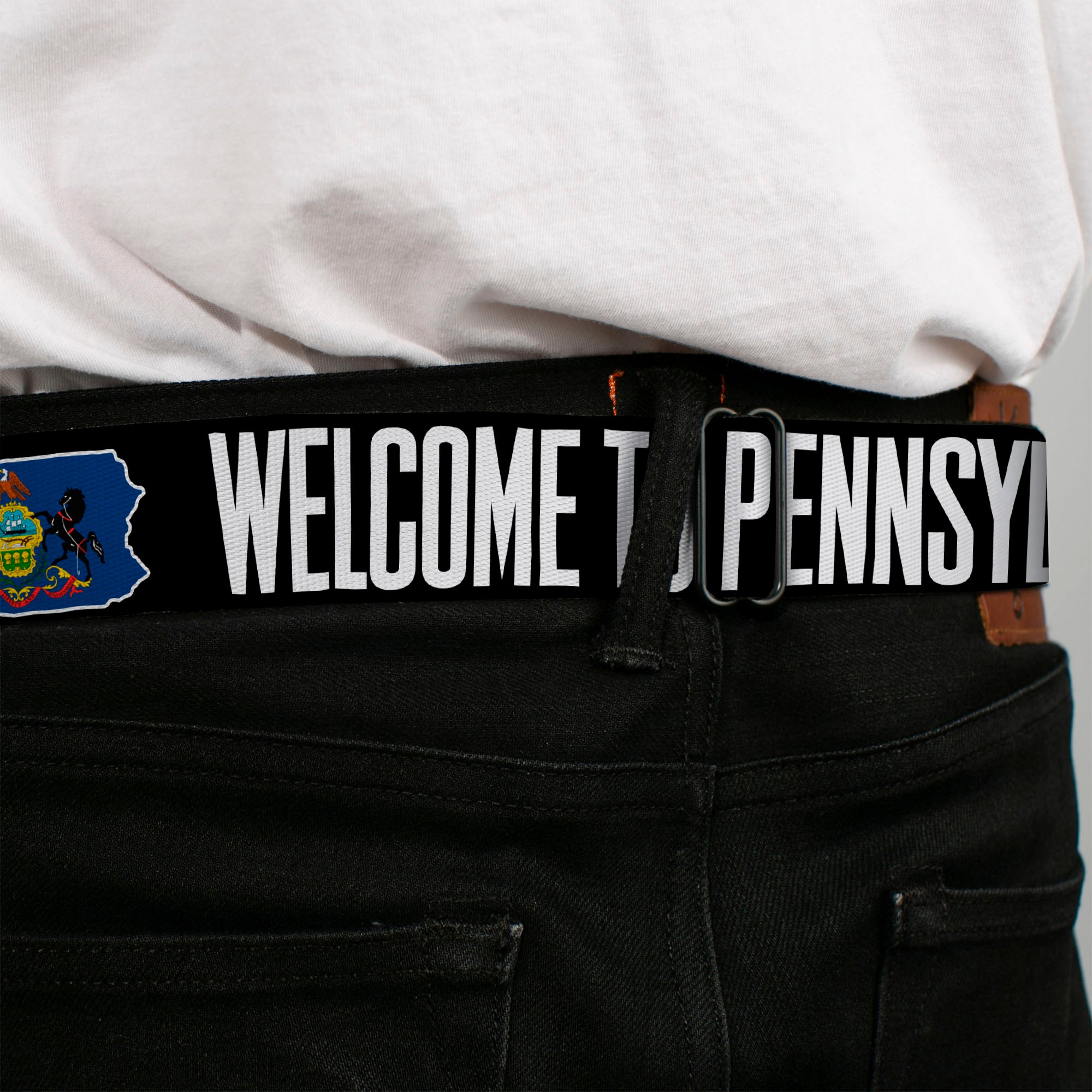BD Wings Logo CLOSE-UP Full Color Black Silver Seatbelt Belt - Pennsylvania Flag Silhouette WELCOME TO PENNSYLVANIA Webbing Seatbelt Belts Buckle-Down