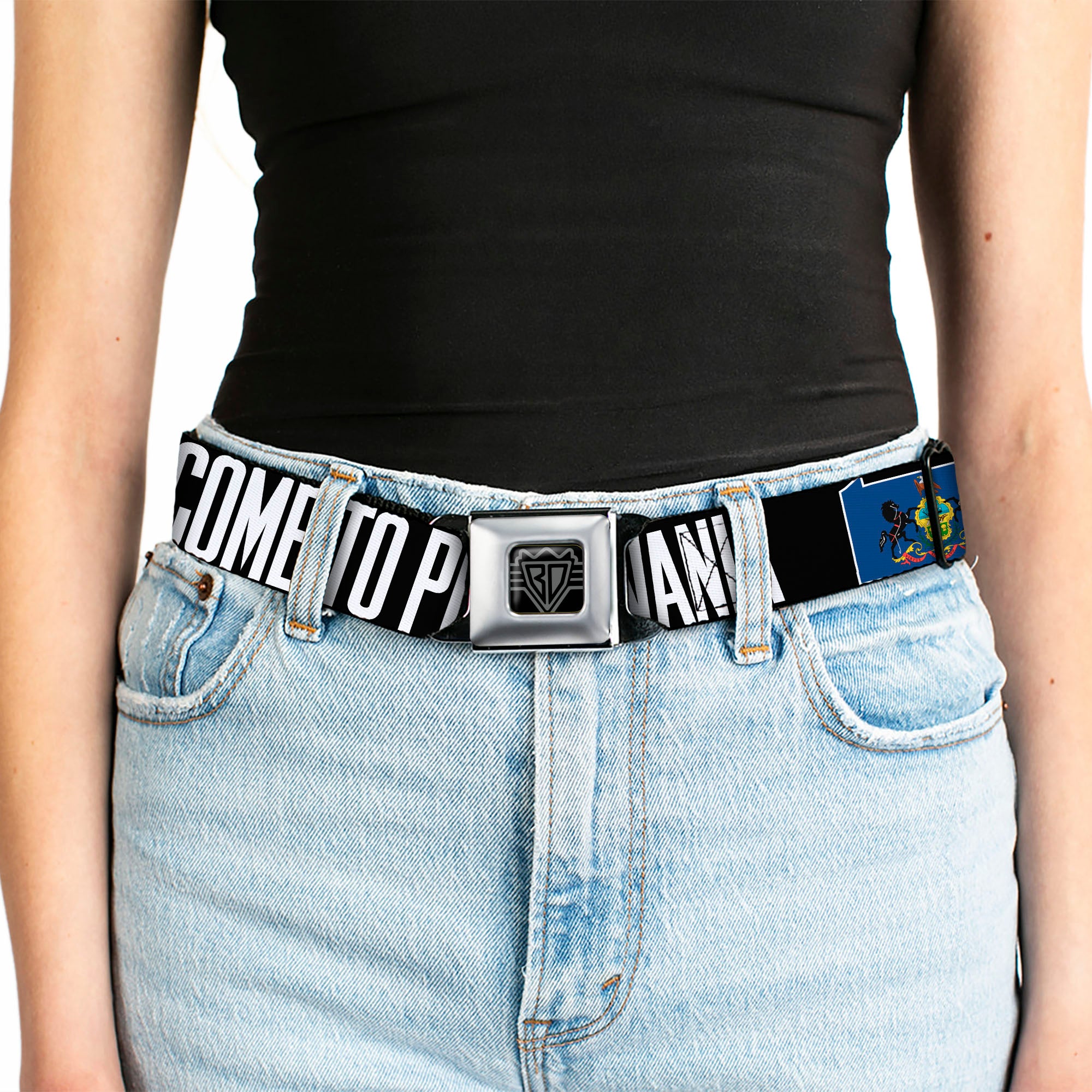 BD Wings Logo CLOSE-UP Full Color Black Silver Seatbelt Belt - Pennsylvania Flag Silhouette WELCOME TO PENNSYLVANIA Webbing Seatbelt Belts Buckle-Down