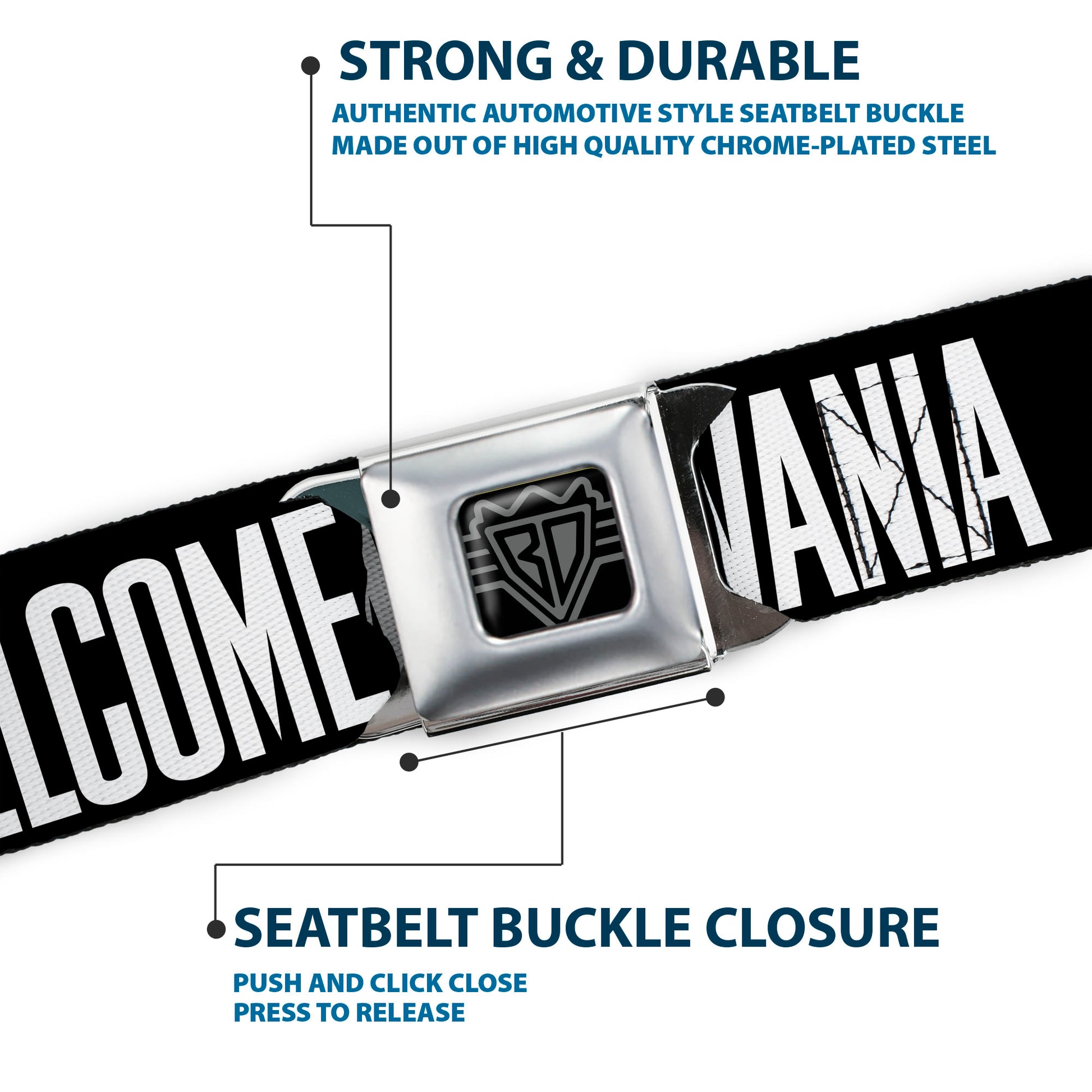 BD Wings Logo CLOSE-UP Full Color Black Silver Seatbelt Belt - Pennsylvania Flag Silhouette WELCOME TO PENNSYLVANIA Webbing Seatbelt Belts Buckle-Down