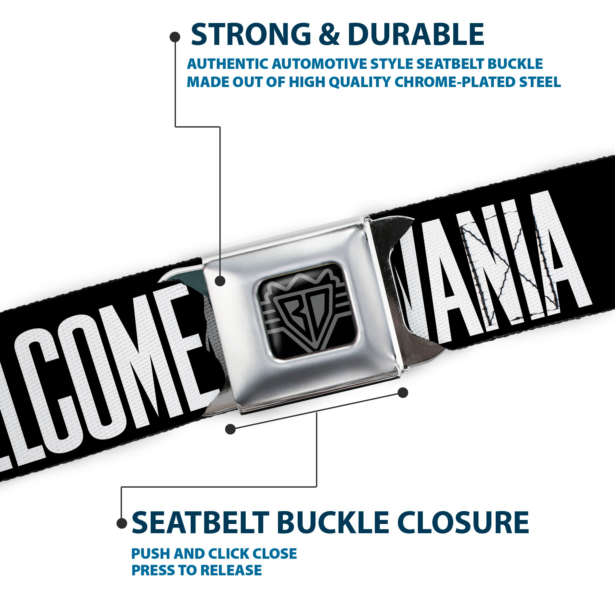 BD Wings Logo CLOSE-UP Full Color Black Silver Seatbelt Belt - Pennsylvania Flag Silhouette WELCOME TO PENNSYLVANIA Webbing Seatbelt Belts Buckle-Down