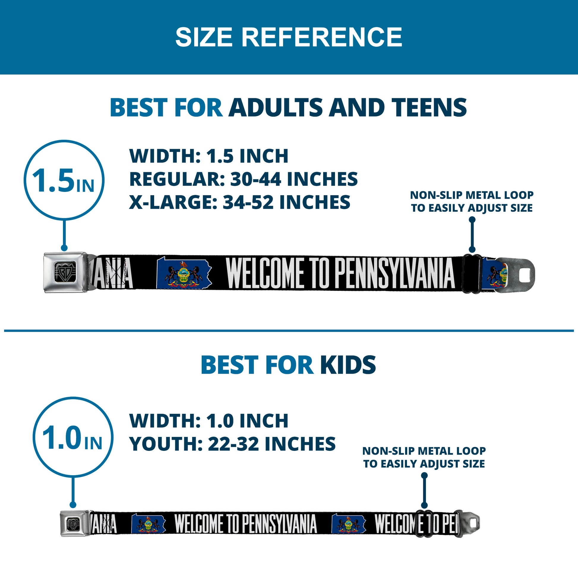 BD Wings Logo CLOSE-UP Full Color Black Silver Seatbelt Belt - Pennsylvania Flag Silhouette WELCOME TO PENNSYLVANIA Webbing Seatbelt Belts Buckle-Down