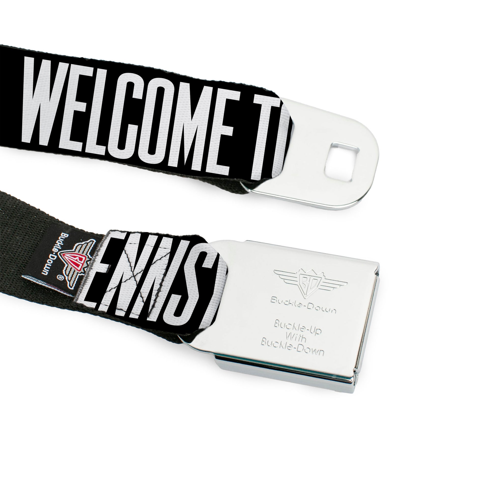 BD Wings Logo CLOSE-UP Full Color Black Silver Seatbelt Belt - Pennsylvania Flag Silhouette WELCOME TO PENNSYLVANIA Webbing Seatbelt Belts Buckle-Down