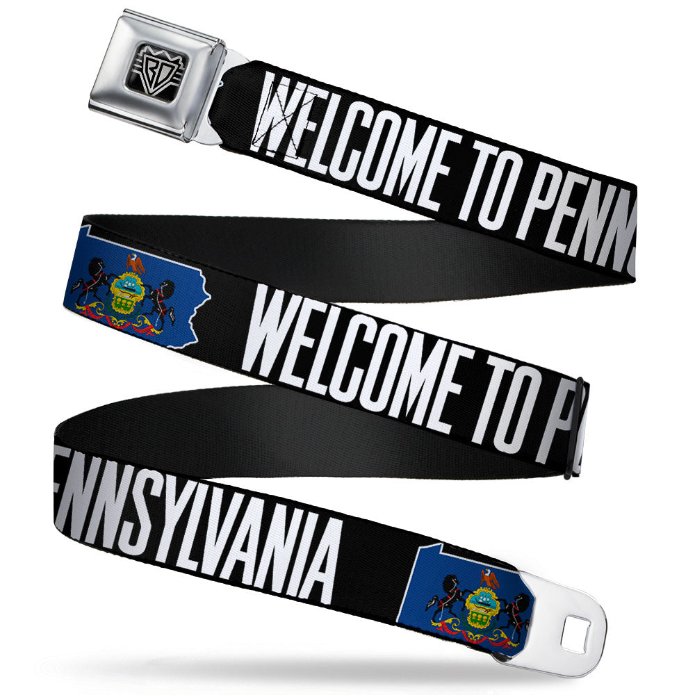 BD Wings Logo CLOSE-UP Full Color Black Silver Seatbelt Belt - Pennsylvania Flag Silhouette WELCOME TO PENNSYLVANIA Webbing Seatbelt Belts Buckle-Down