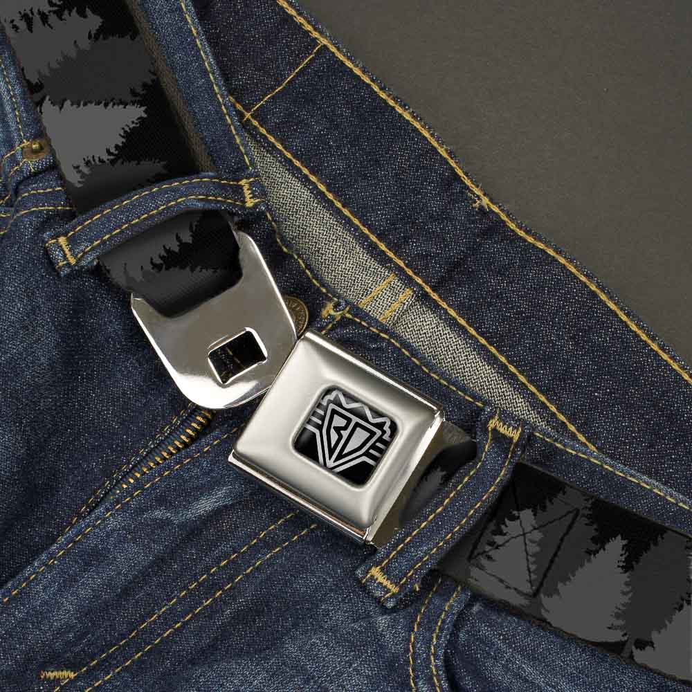 BD Wings Logo CLOSE-UP Full Color Black Silver Seatbelt Belt - Pine Tree Silhouettes Black/Grays Webbing Seatbelt Belts Buckle-Down