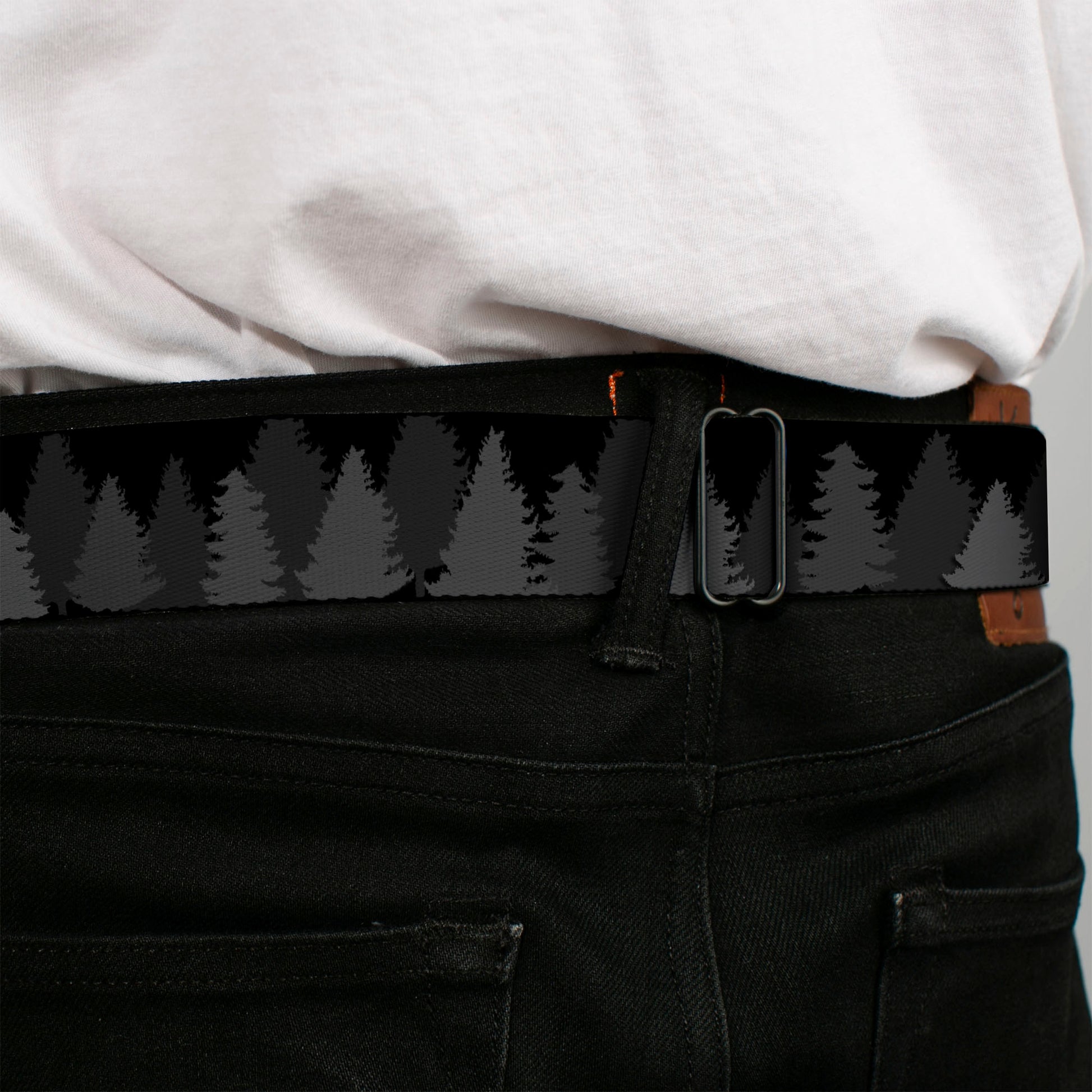 BD Wings Logo CLOSE-UP Full Color Black Silver Seatbelt Belt - Pine Tree Silhouettes Black/Grays Webbing Seatbelt Belts Buckle-Down