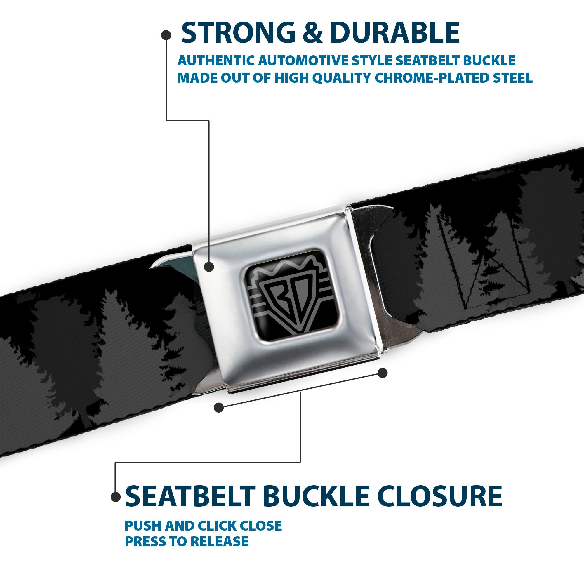 BD Wings Logo CLOSE-UP Full Color Black Silver Seatbelt Belt - Pine Tree Silhouettes Black/Grays Webbing Seatbelt Belts Buckle-Down
