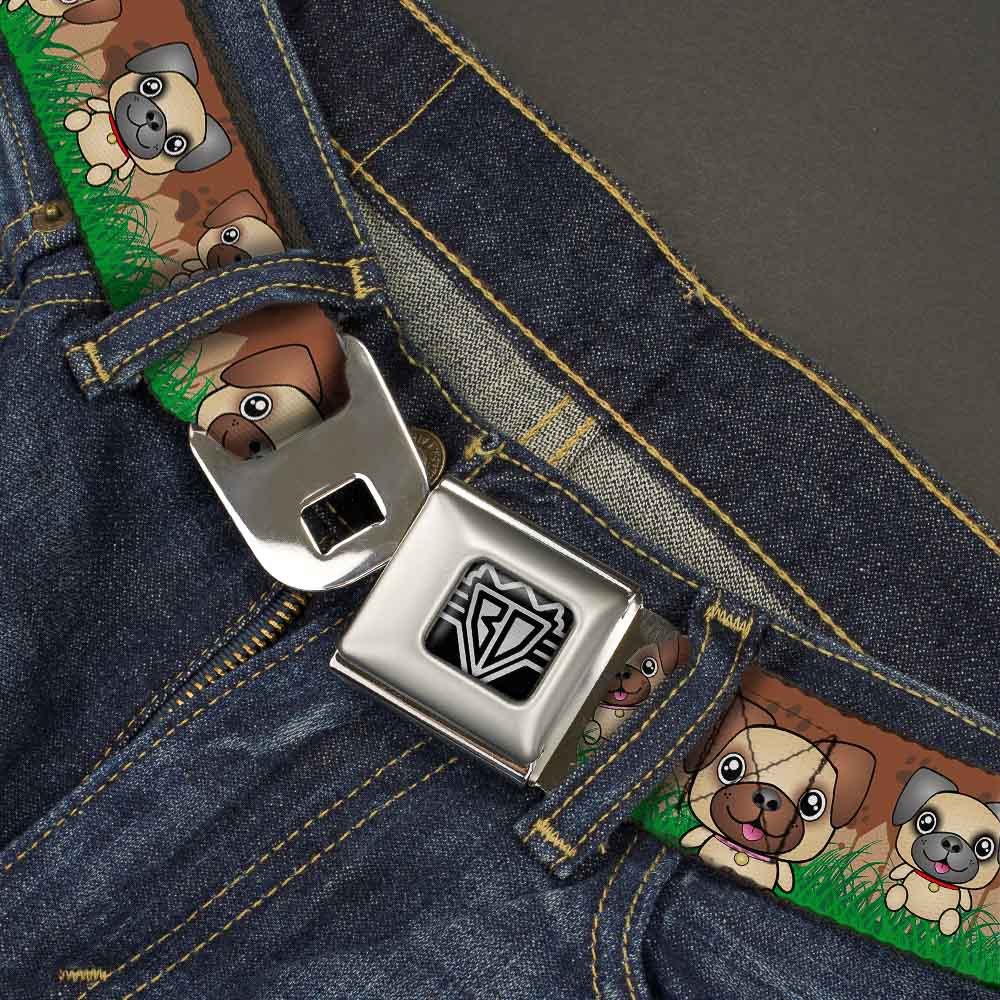 BD Wings Logo CLOSE-UP Full Color Black Silver Seatbelt Belt - Pug Puppies/Paw Prints Browns/Greens Webbing Seatbelt Belts Buckle-Down