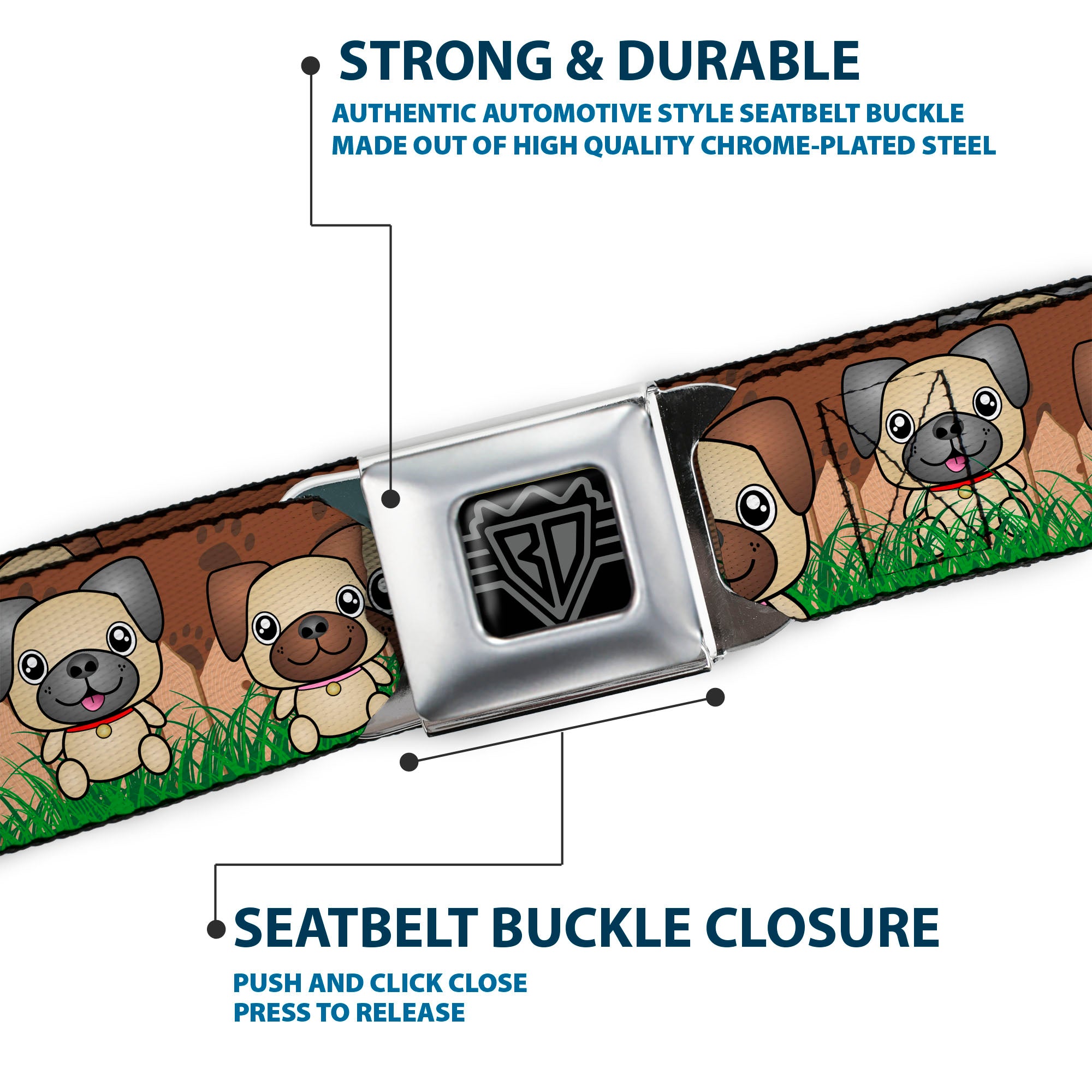 BD Wings Logo CLOSE-UP Full Color Black Silver Seatbelt Belt - Pug Puppies/Paw Prints Browns/Greens Webbing Seatbelt Belts Buckle-Down