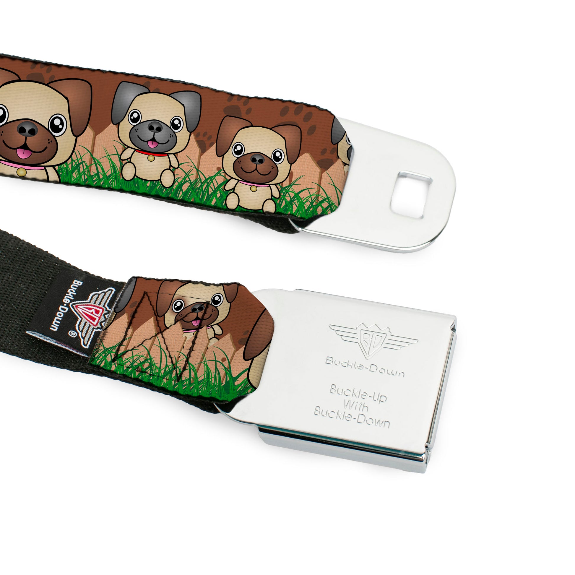 BD Wings Logo CLOSE-UP Full Color Black Silver Seatbelt Belt - Pug Puppies/Paw Prints Browns/Greens Webbing Seatbelt Belts Buckle-Down