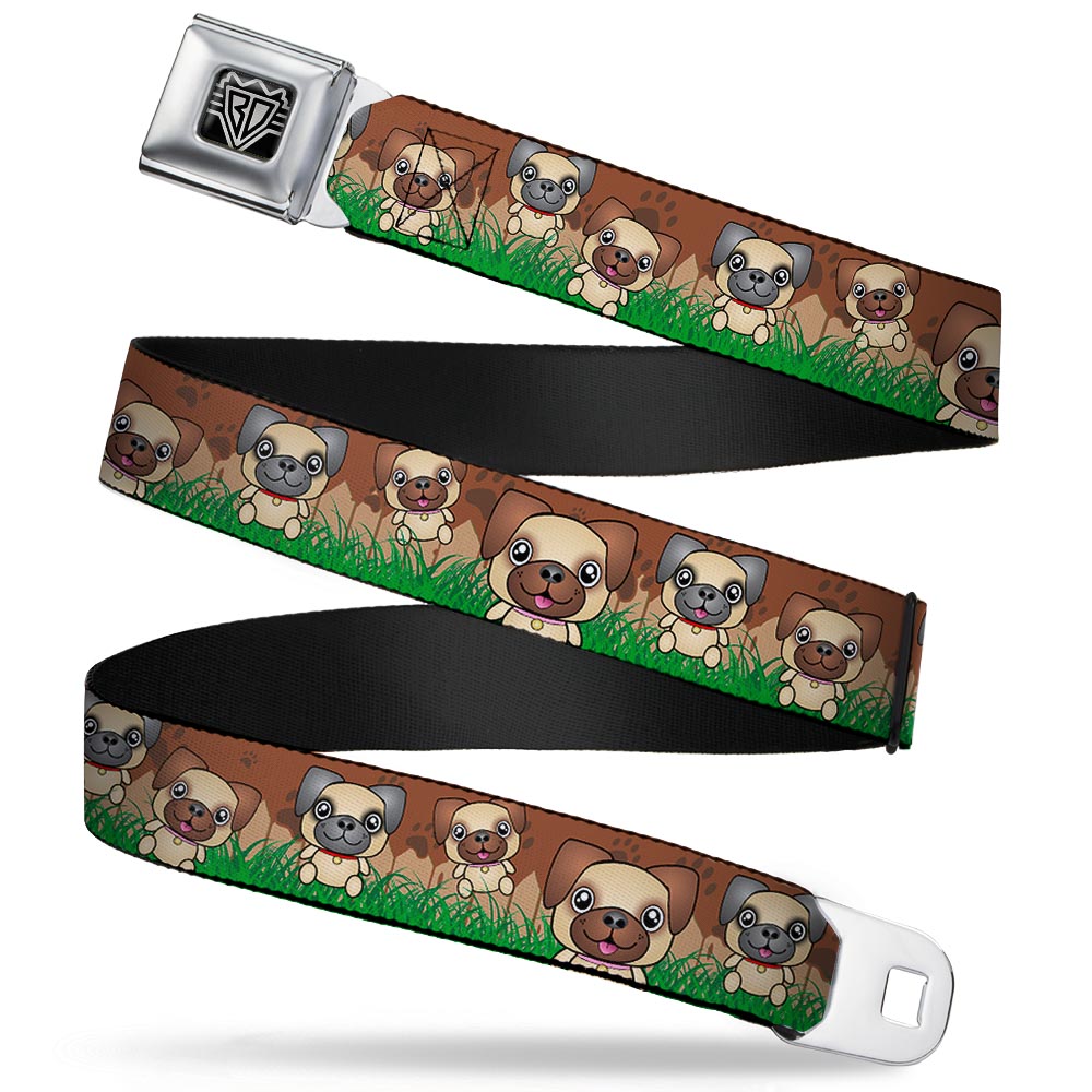 BD Wings Logo CLOSE-UP Full Color Black Silver Seatbelt Belt - Pug Puppies/Paw Prints Browns/Greens Webbing Seatbelt Belts Buckle-Down