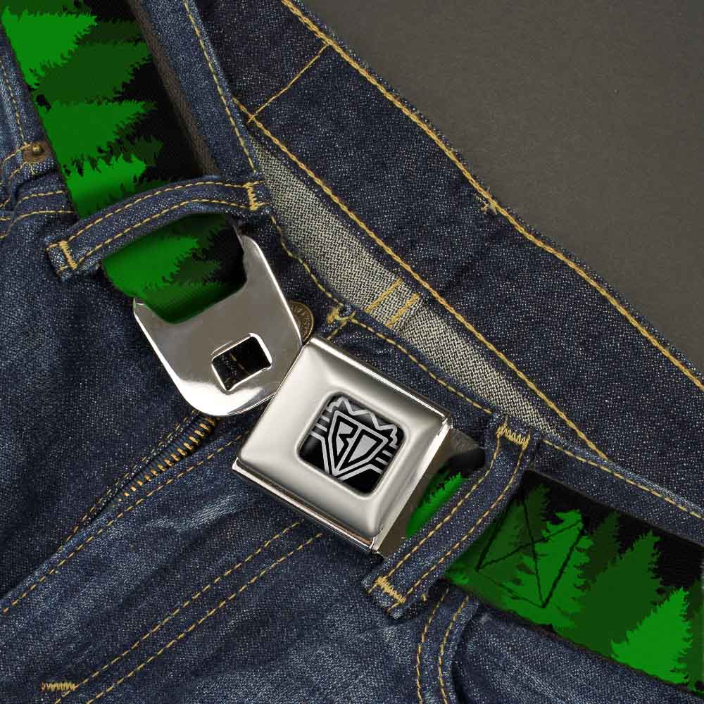 BD Wings Logo CLOSE-UP Full Color Black Silver Seatbelt Belt - Pine Tree Silhouettes Black/Greens Webbing Seatbelt Belts Buckle-Down