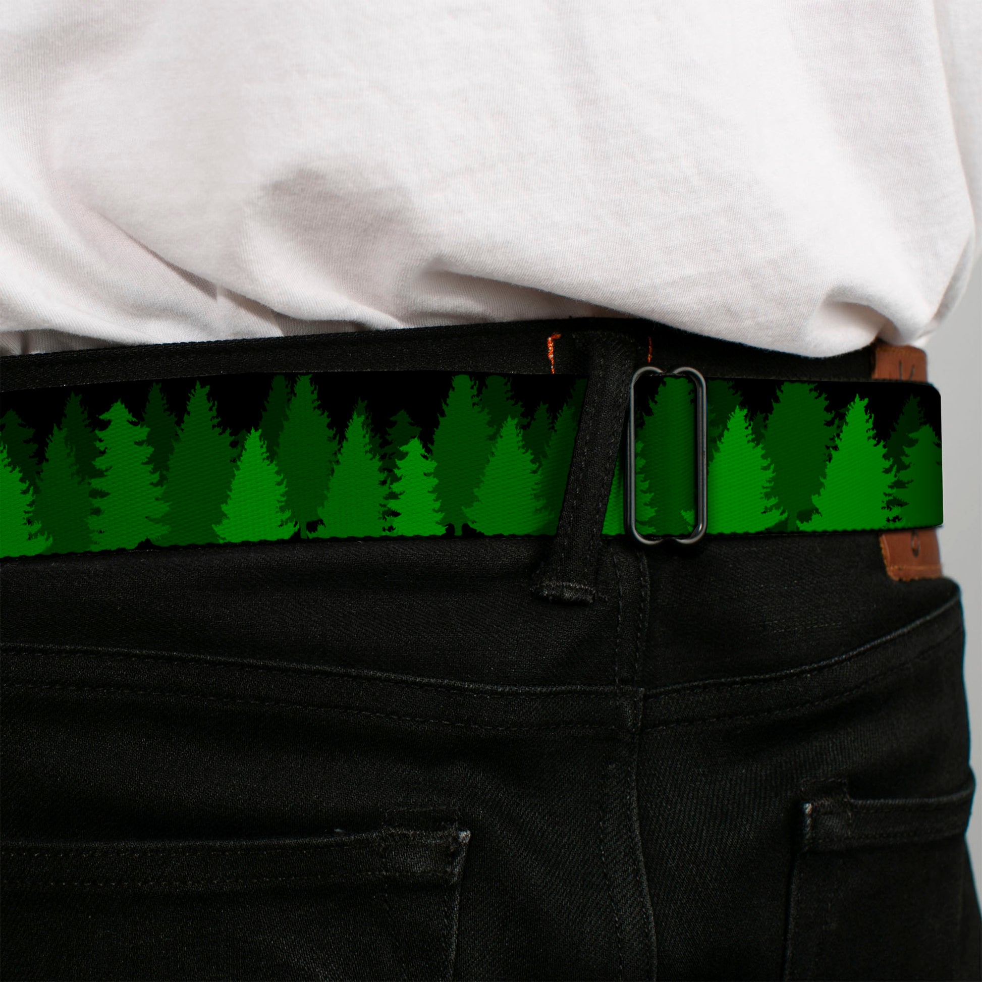 BD Wings Logo CLOSE-UP Full Color Black Silver Seatbelt Belt - Pine Tree Silhouettes Black/Greens Webbing Seatbelt Belts Buckle-Down