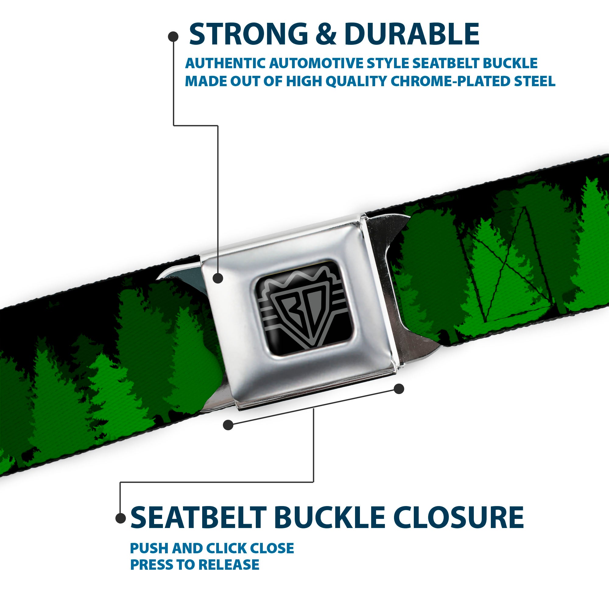 BD Wings Logo CLOSE-UP Full Color Black Silver Seatbelt Belt - Pine Tree Silhouettes Black/Greens Webbing Seatbelt Belts Buckle-Down