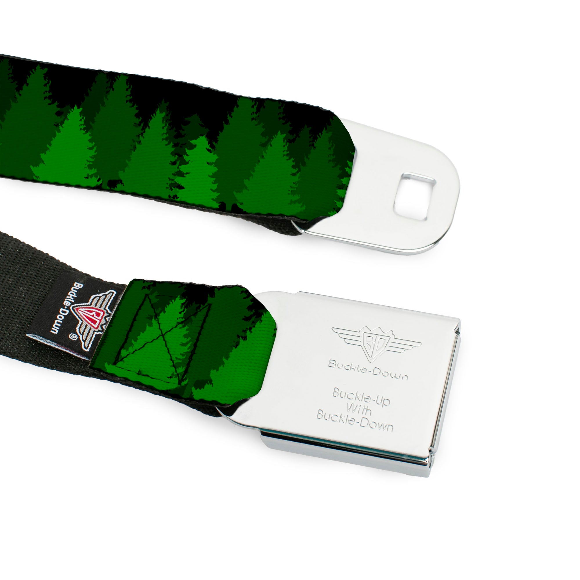 BD Wings Logo CLOSE-UP Full Color Black Silver Seatbelt Belt - Pine Tree Silhouettes Black/Greens Webbing Seatbelt Belts Buckle-Down
