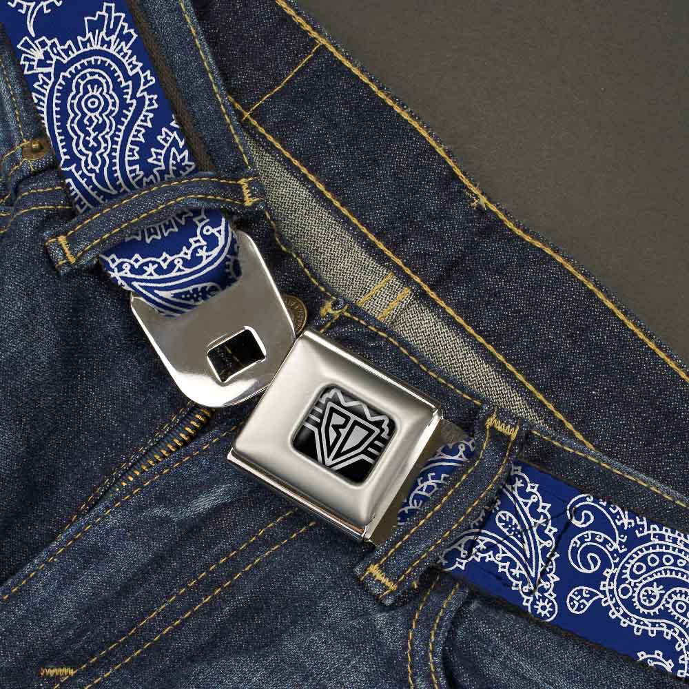 BD Wings Logo CLOSE-UP Full Color Black Silver Seatbelt Belt - Paisley Blue/White Webbing Seatbelt Belts Buckle-Down