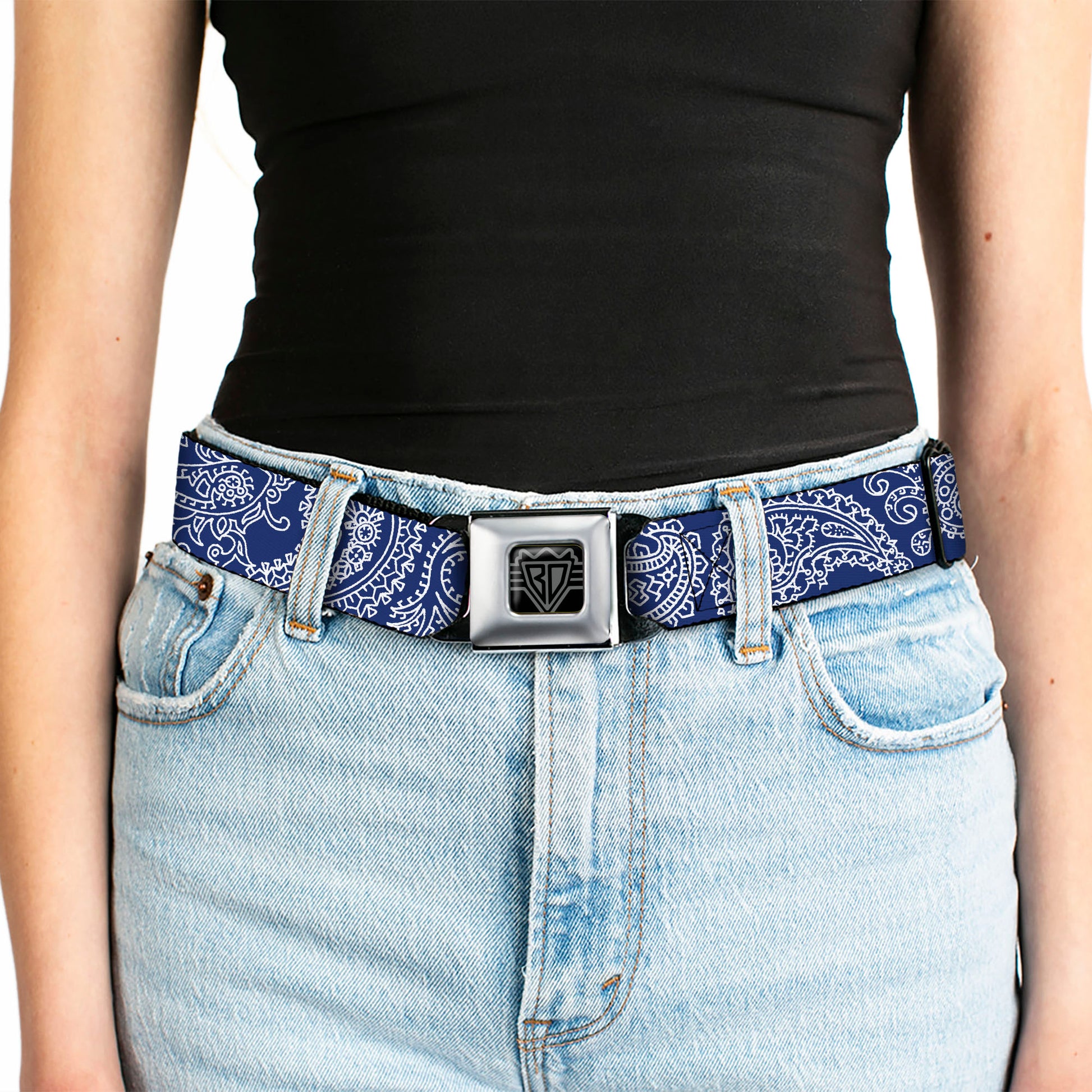 BD Wings Logo CLOSE-UP Full Color Black Silver Seatbelt Belt - Paisley Blue/White Webbing Seatbelt Belts Buckle-Down