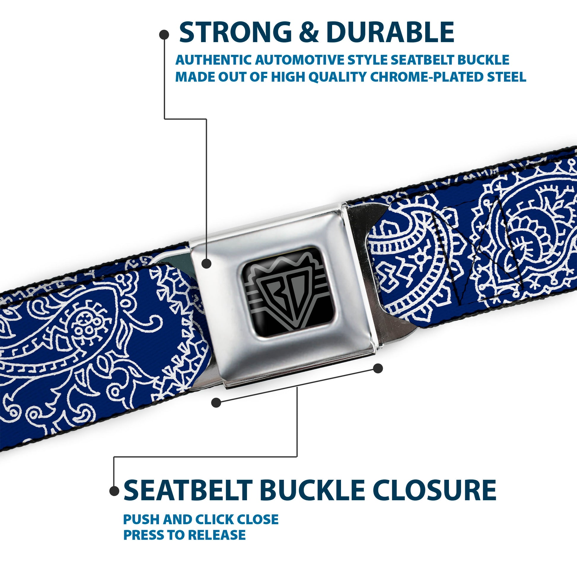 BD Wings Logo CLOSE-UP Full Color Black Silver Seatbelt Belt - Paisley Blue/White Webbing Seatbelt Belts Buckle-Down