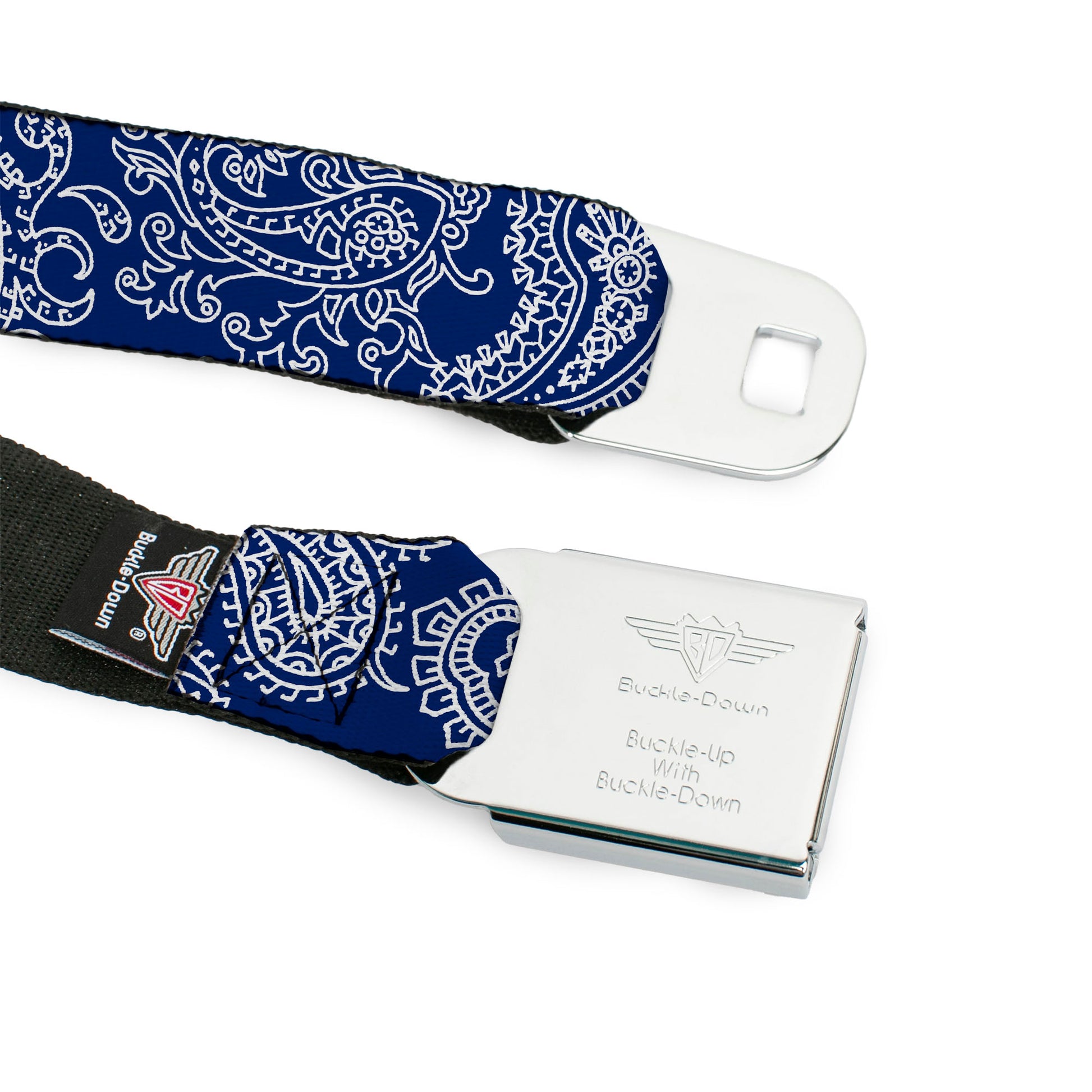 BD Wings Logo CLOSE-UP Full Color Black Silver Seatbelt Belt - Paisley Blue/White Webbing Seatbelt Belts Buckle-Down
