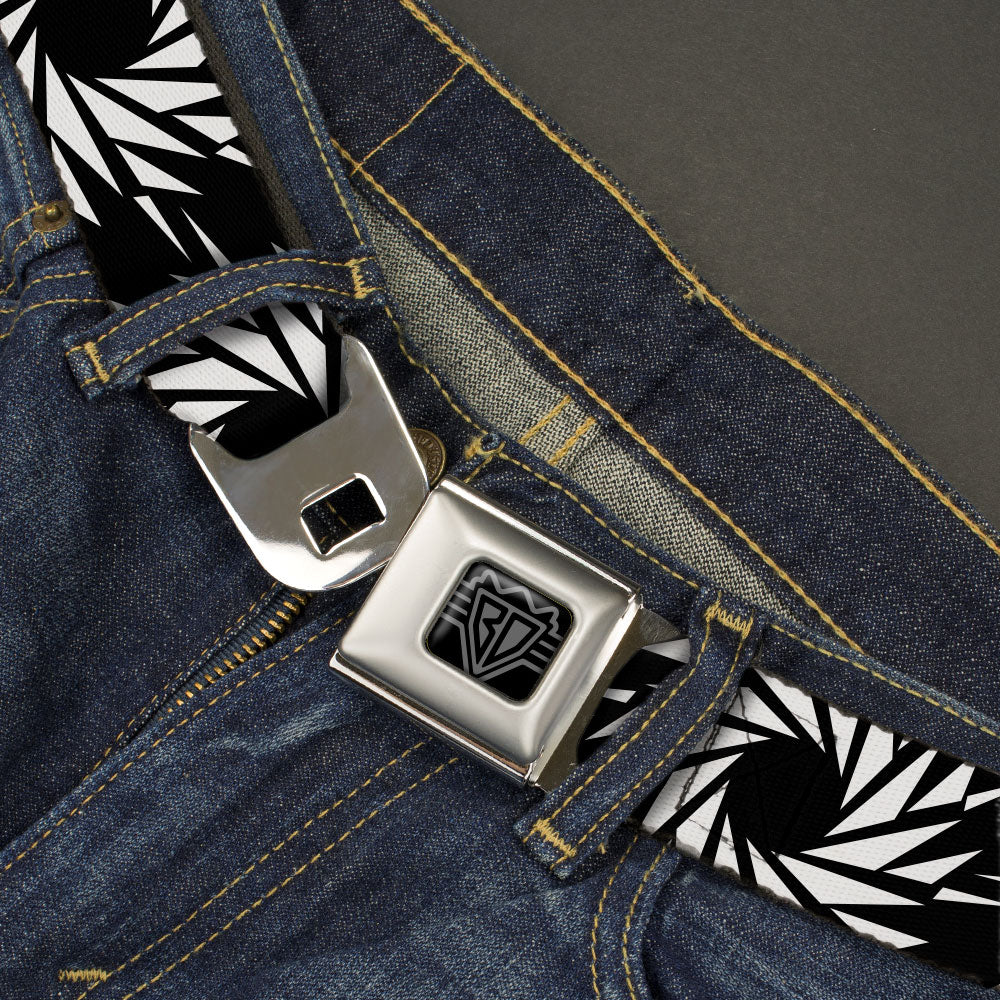 BD Wings Logo CLOSE-UP Black/Silver Seatbelt Belt - Pinwheel Black/White Webbing Seatbelt Belts Buckle-Down
