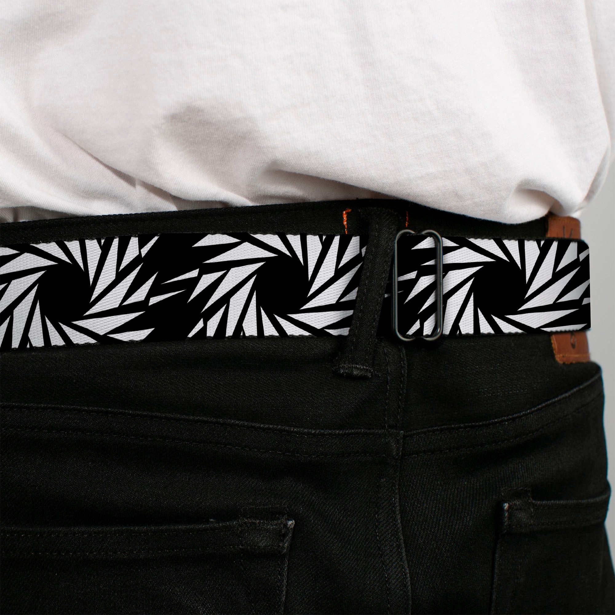 BD Wings Logo CLOSE-UP Black/Silver Seatbelt Belt - Pinwheel Black/White Webbing Seatbelt Belts Buckle-Down