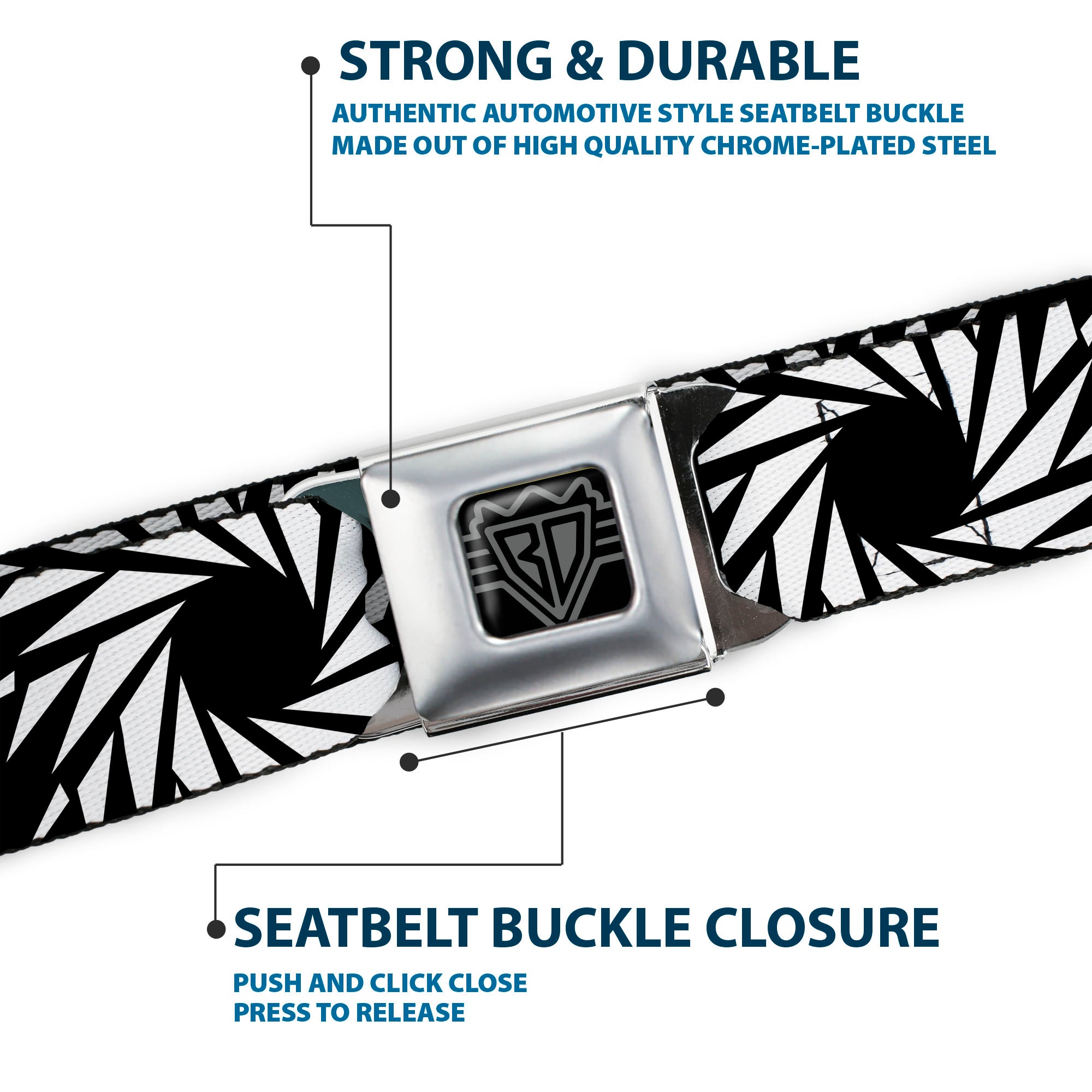 BD Wings Logo CLOSE-UP Black/Silver Seatbelt Belt - Pinwheel Black/White Webbing Seatbelt Belts Buckle-Down